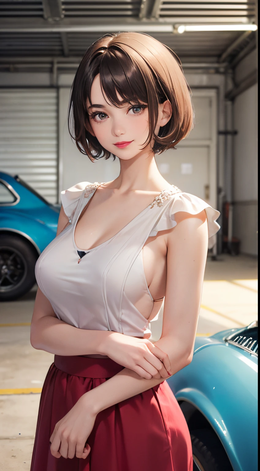 127
(a 20 yo woman, Standing), (A hyper-realistic), (high-level image quality), ((beautiful hairstyle 46)), ((short-hair:1.46)), (Gentle smile), (breasted:1.1), (lipsticks), (Large garage), (Depth of field is deep), (classic car)