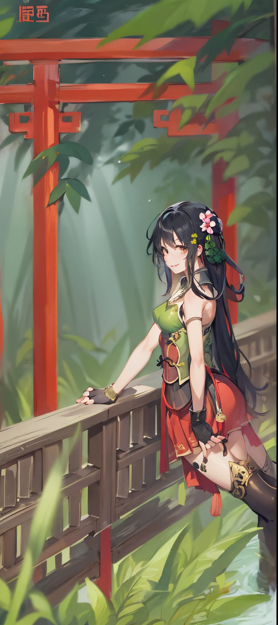 Best Quality, (masutepiece:1.2), Illustration, absurderes,
(1girl in, Solo), (Beautiful detailed girl),
Guan Yinping, Black hair, Brown eyes, Hair Ornament, Hair Flower, Small breasts,
Green top, Bare shoulders, Black collar, Black corset, Red skirt, Fingerless gloves, Green boots,
in bamboo forest, chinese architecture, stream,
Looking at Viewer, which are full of confidence,  Smile,