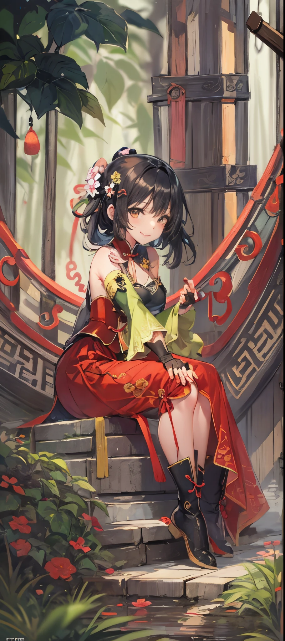 Best Quality, (masutepiece:1.2), Illustration, absurderes,
(1girl in, Solo), (Beautiful detailed girl),
Guan Yinping, Black hair, Brown eyes, Hair Ornament, Hair Flower, Small breasts,
Green top, Bare shoulders, Black collar, Black corset, Red skirt, Fingerless gloves, Green boots,
in bamboo forest, chinese architecture, stream,
Looking at Viewer, which are full of confidence,  Smile,