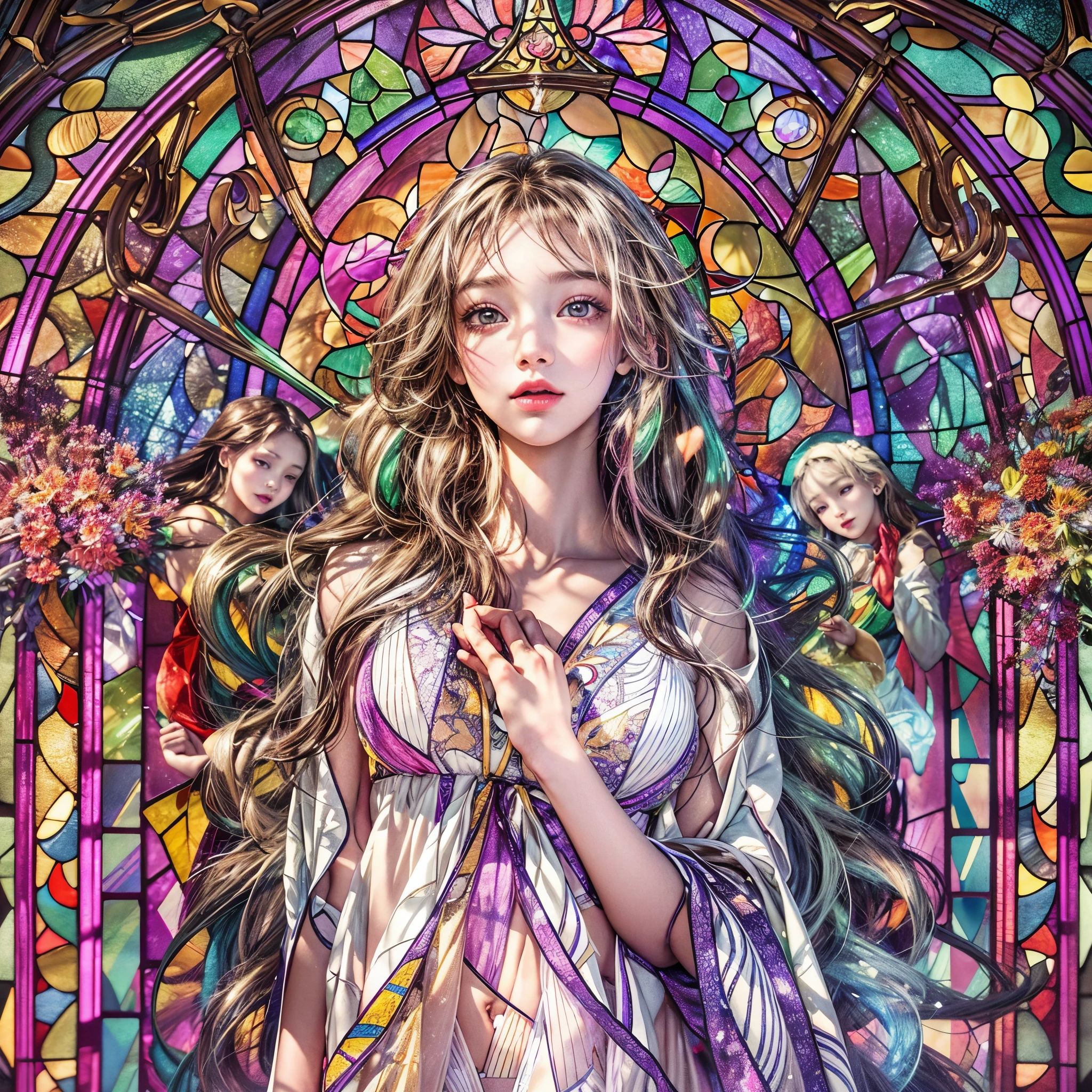(stained glass Background, Masterpiece, White and vivid colors, (Exposed:1.2), (nipple:-0.9)), (9 sexy junior idols in row), ((face variations, Hair variations)), { Navel | Ass }, portrayed in the best quality and high resolution. The image should be ultra-detailed, realistic, and photorealistic with a touch of rawness. concept art. The color tone should be vibrant and vivid, enhancing the overall visual impact. (Whole Body proportions and all limbs are anatomically accurate), (Vivid Colorful light shines through the delicate stained glass).
