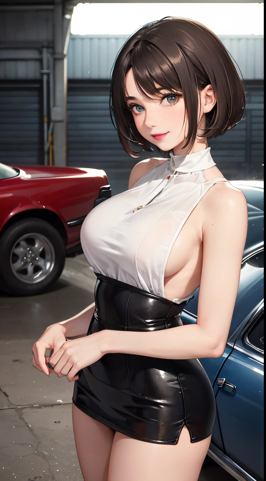 127
(a 20 yo woman, Standing), (A hyper-realistic), (high-level image quality), ((beautiful hairstyle 46)), ((short-hair:1.46)), (Gentle smile), (breasted:1.1), (lipsticks), (Large garage), (Depth of field is deep), (classic car)