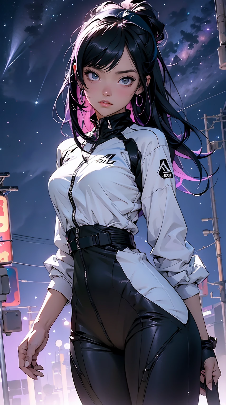obra prima,  4K Ultra HD, foco nítido, realista, uma garota no estilo Gura Gawr de Hololive, but with the following characteristics: Athletic girl, Wearing a stylized black and white jumpsuit, in a Japanese city at dusk with a purple starry sky with some stars, Inspirado no estilo de arte GUWEIZ