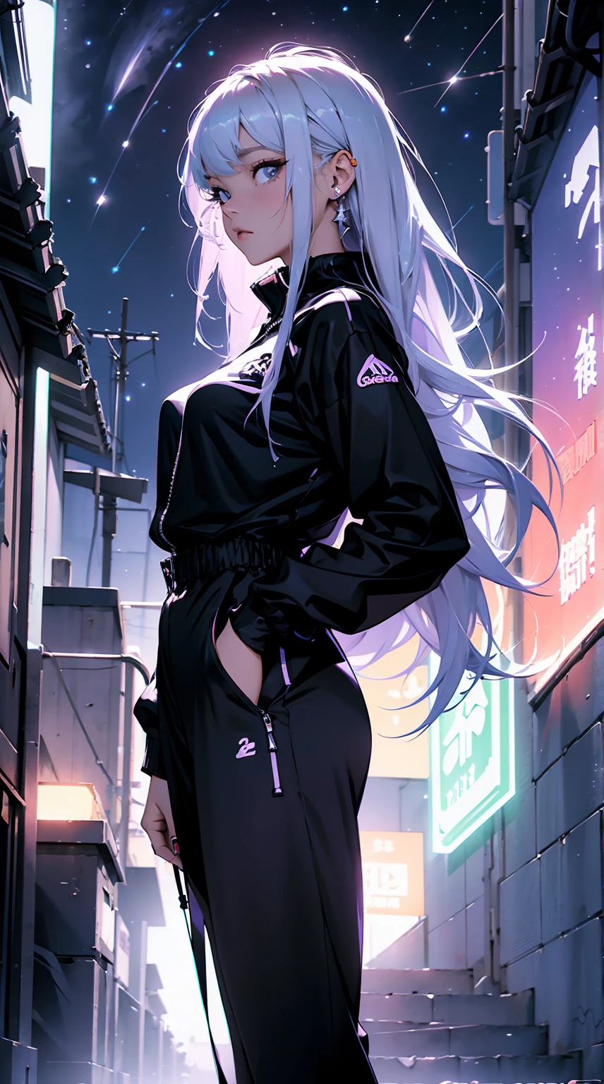obra prima,  4K Ultra HD, foco nítido, realista, uma garota no estilo Gura Gawr de Hololive, but with the following characteristics: Athletic girl, Wearing a stylized black and white jumpsuit, in a Japanese city at dusk with a purple starry sky with some stars, Inspirado no estilo de arte GUWEIZ