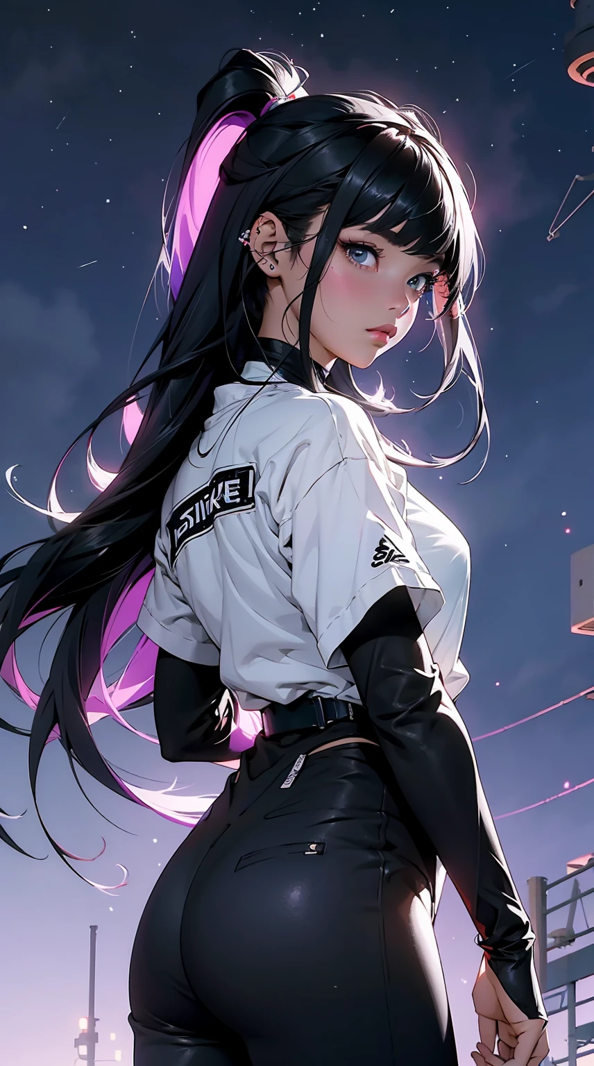obra prima, 4K Ultra HD, foco nítido, realista, uma garota no estilo Gura Gawr de Hololive, but with the following characteristics: Athletic girl, Wearing a stylized black and white jumpsuit, in a Japanese city at dusk with a purple starry sky with some stars, Inspirado no estilo de arte GUWEIZ