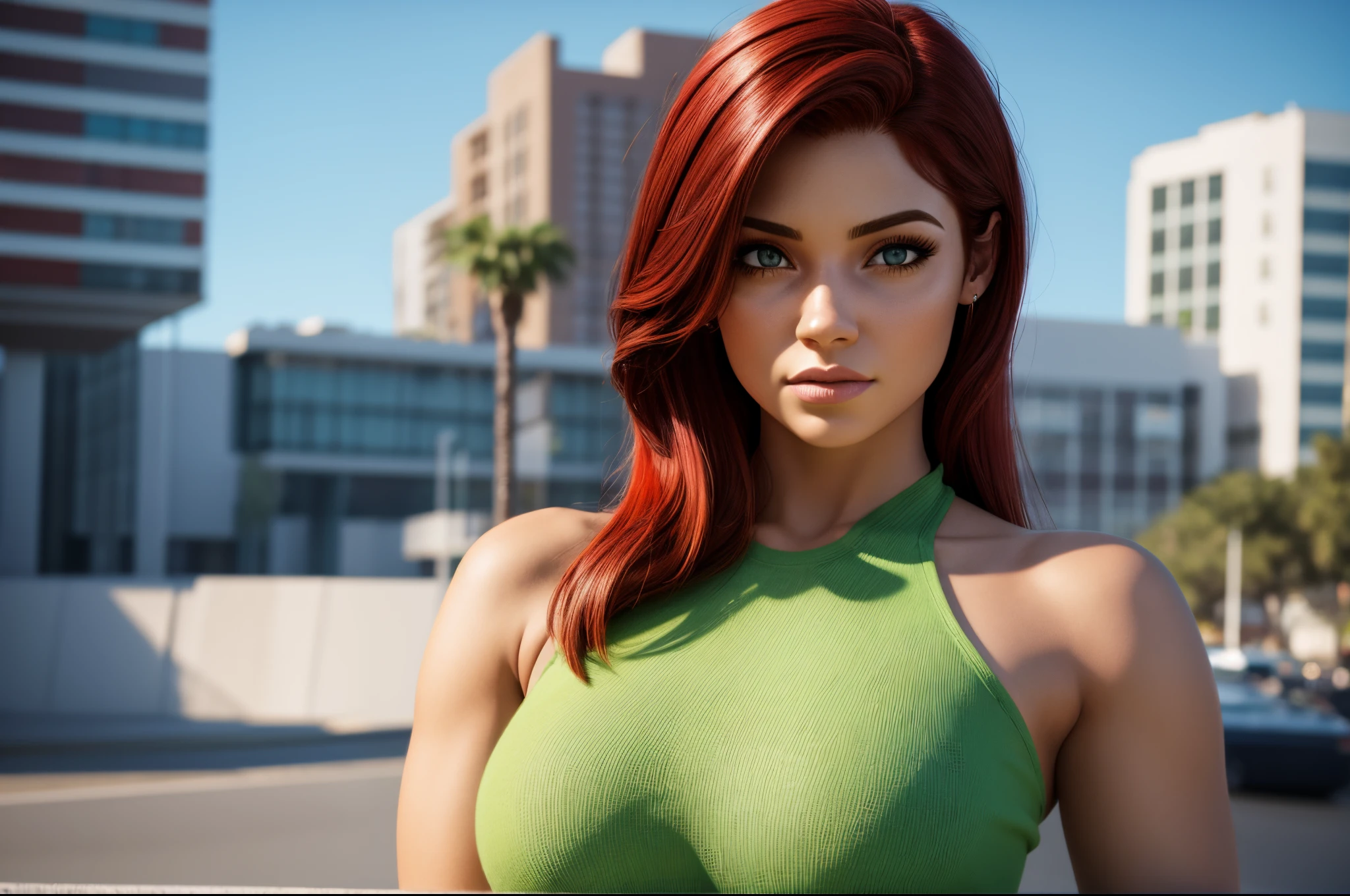 3d realistic cartoon avatar, [front view], [25 year old Spanish woman], [red hair, modern, [green eyeodern, professional clothing], white background, enormous tits