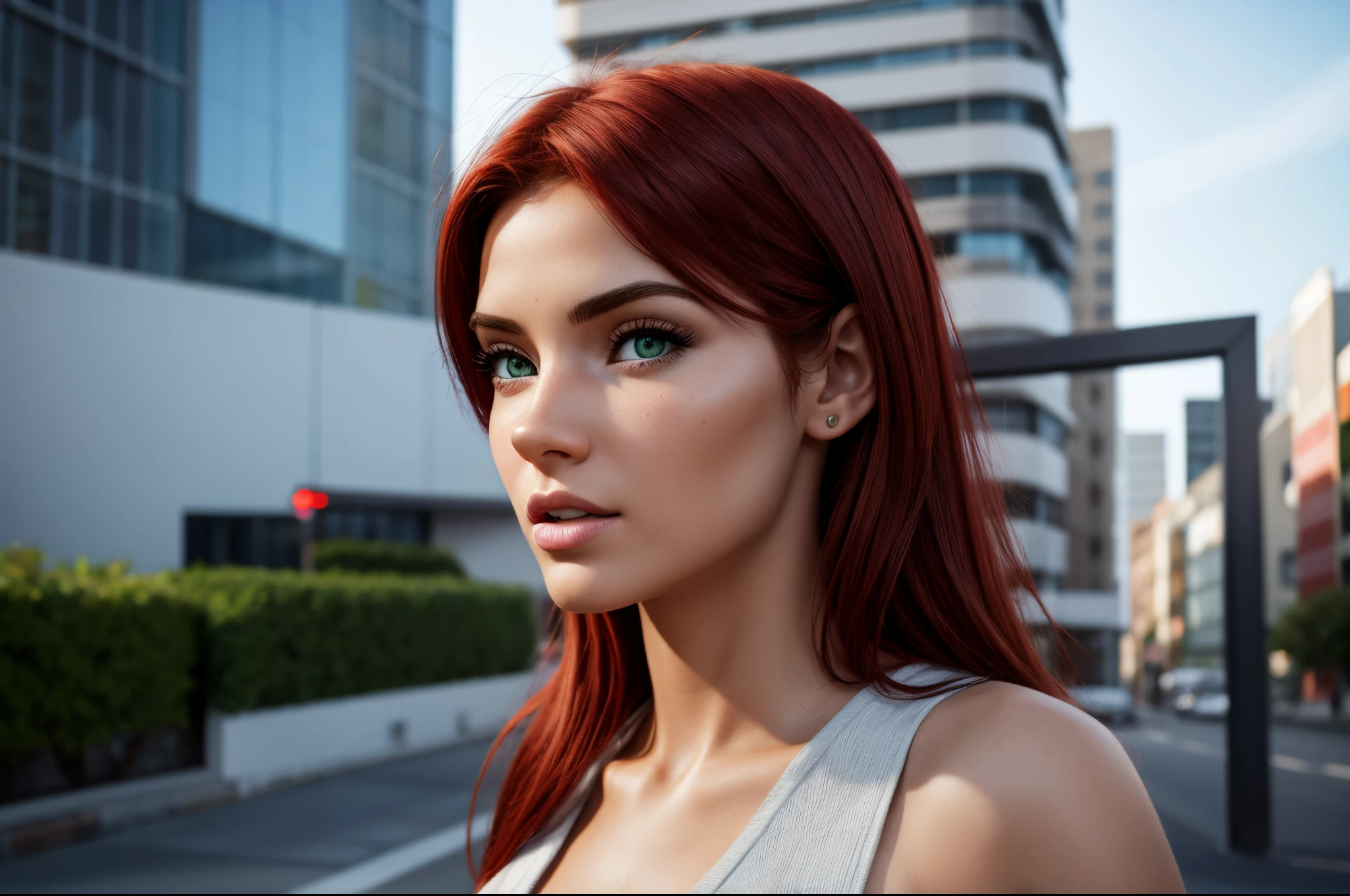 3d realistic cartoon avatar, [front view], [25 year old Spanish woman], [red hair, modern, [green eyeodern, professional clothing], white background, enormous tits