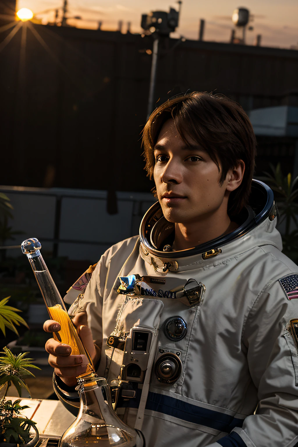 An astronaut with a glass bong, in the background a sunset with alot of cannabis plants
