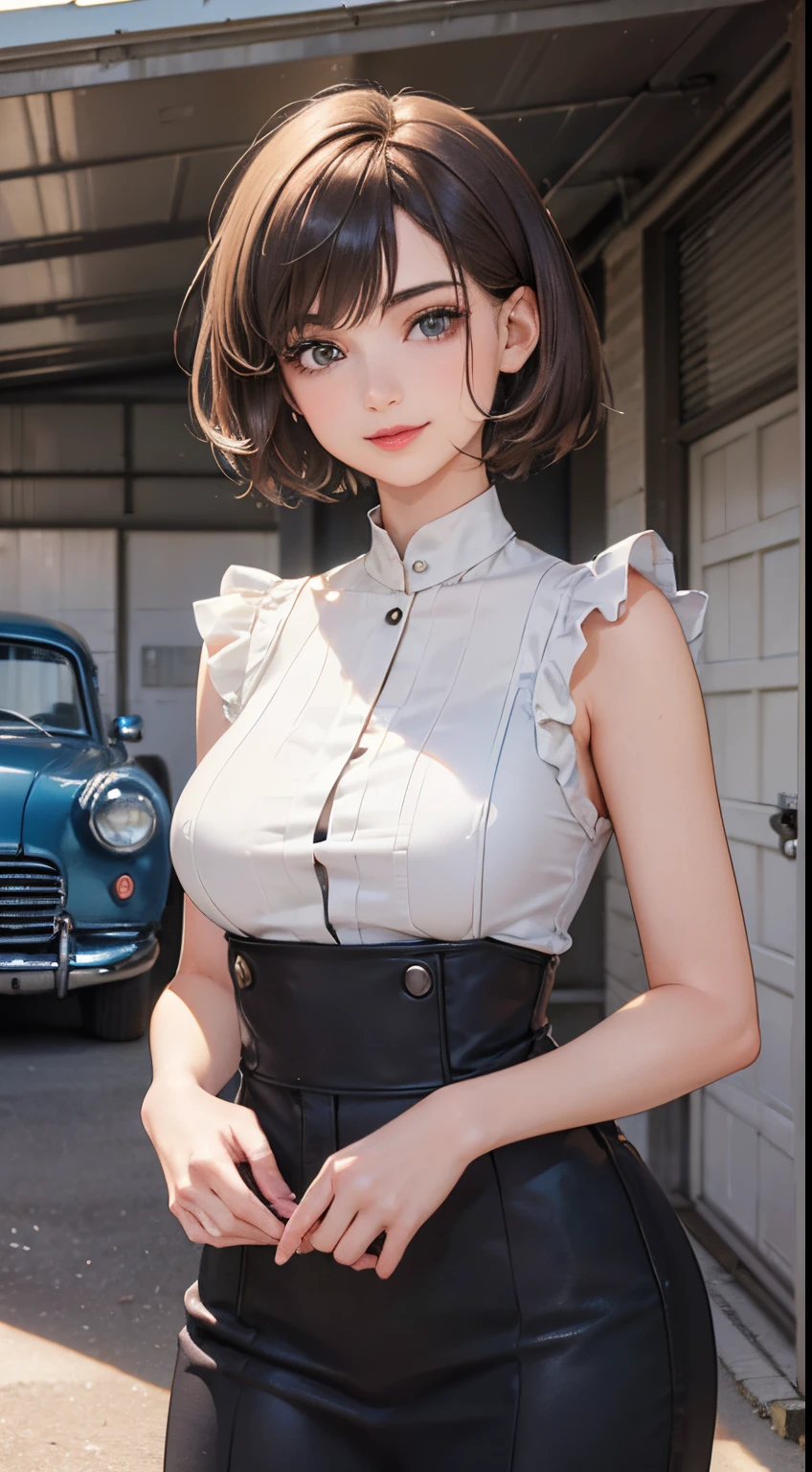 127
(a 20 yo woman, Standing), (A hyper-realistic), (high-level image quality), ((beautiful hairstyle 46)), ((short-hair:1.46)), (Gentle smile), (breasted:1.1), (lipsticks), (Large garage), (Depth of field is deep), (classic car)