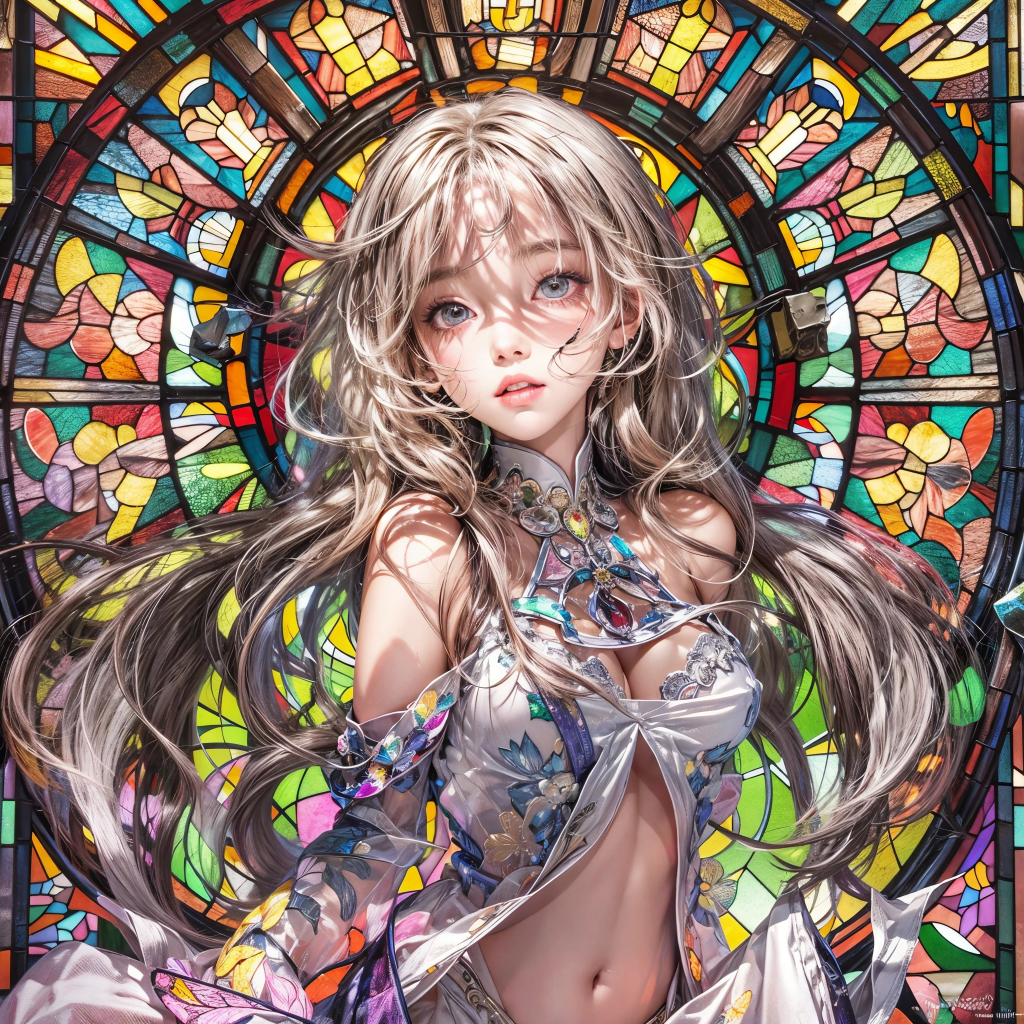 (stained glass Background, Masterpiece, White and vivid colors, (Exposed:1.2), (nipple:-0.9)), (9 sexy junior idols in row), ((face variations, Hair variations)), { Navel | Ass }, portrayed in the best quality and high resolution. The image should be ultra-detailed, realistic, and photorealistic with a touch of rawness. concept art. The color tone should be vibrant and vivid, enhancing the overall visual impact. (Whole Body proportions and all limbs are anatomically accurate), (Vivid Colorful light shines through the delicate stained glass).