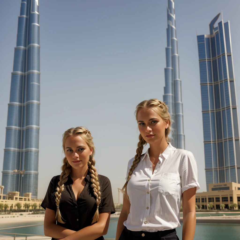 "Imagine a PORTRAIT of a friendly 27-year-old AmerICAN. She has short,neatly plaited and braided BLONDE hair, striking brown eyes. DRESSED PROFESSIONALLY" POSING in front of the Burj Khalifa."