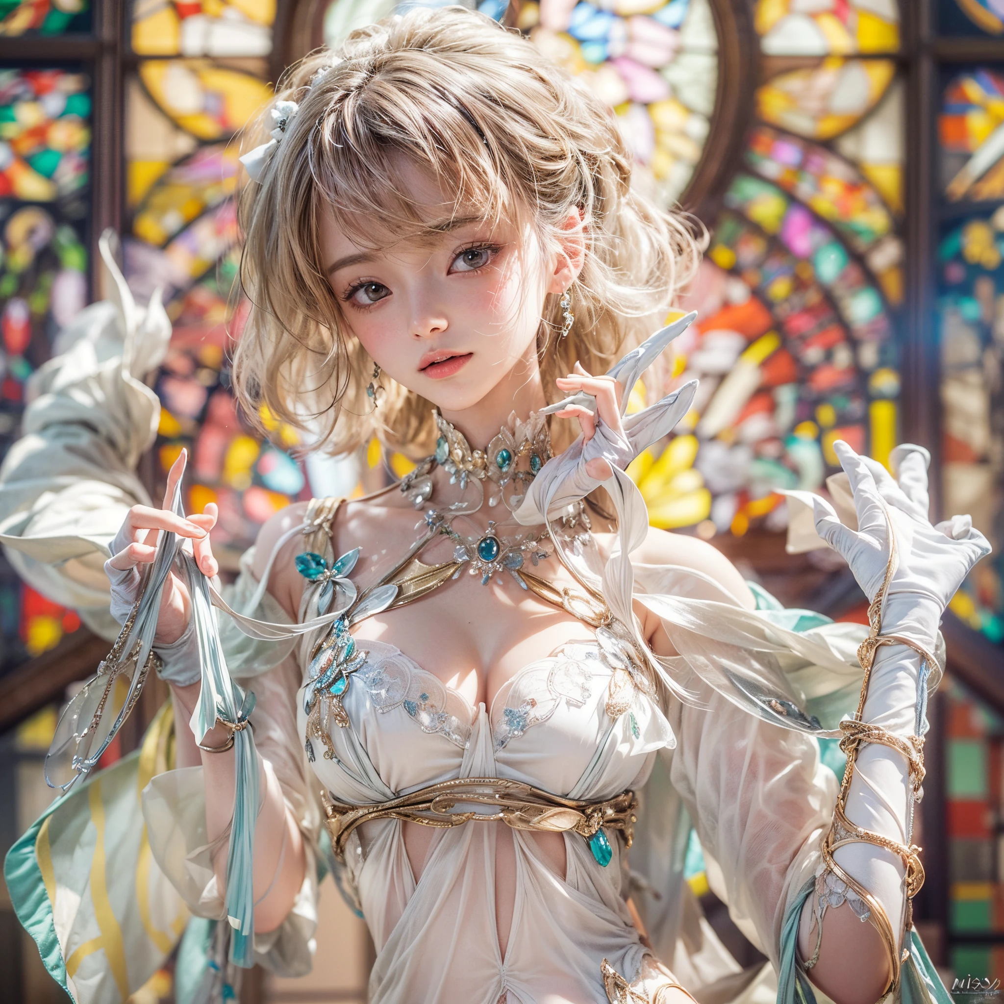 ( Masterpiece, White and vivid colors, (Exposed:1.2), (nipple:-0.9)), (((Renbutsu Misako|Misako Renbustu))), ((face variations)), { Navel | pretty Ass }, portrayed in the best quality and high resolution. The image should be ultra-detailed, realistic, and photorealistic with a touch of rawness. concept art. The color tone should be vibrant and vivid, enhancing the overall visual impact. (Whole Body proportions and all limbs are anatomically accurate), (Vivid Colorful light shines through the delicate stained glass). delicate limbs, Detail of sparkling oiled ivory skin, (short Bob, delicate wear), Whole Body proportions and all limbs are anatomically accurate .
