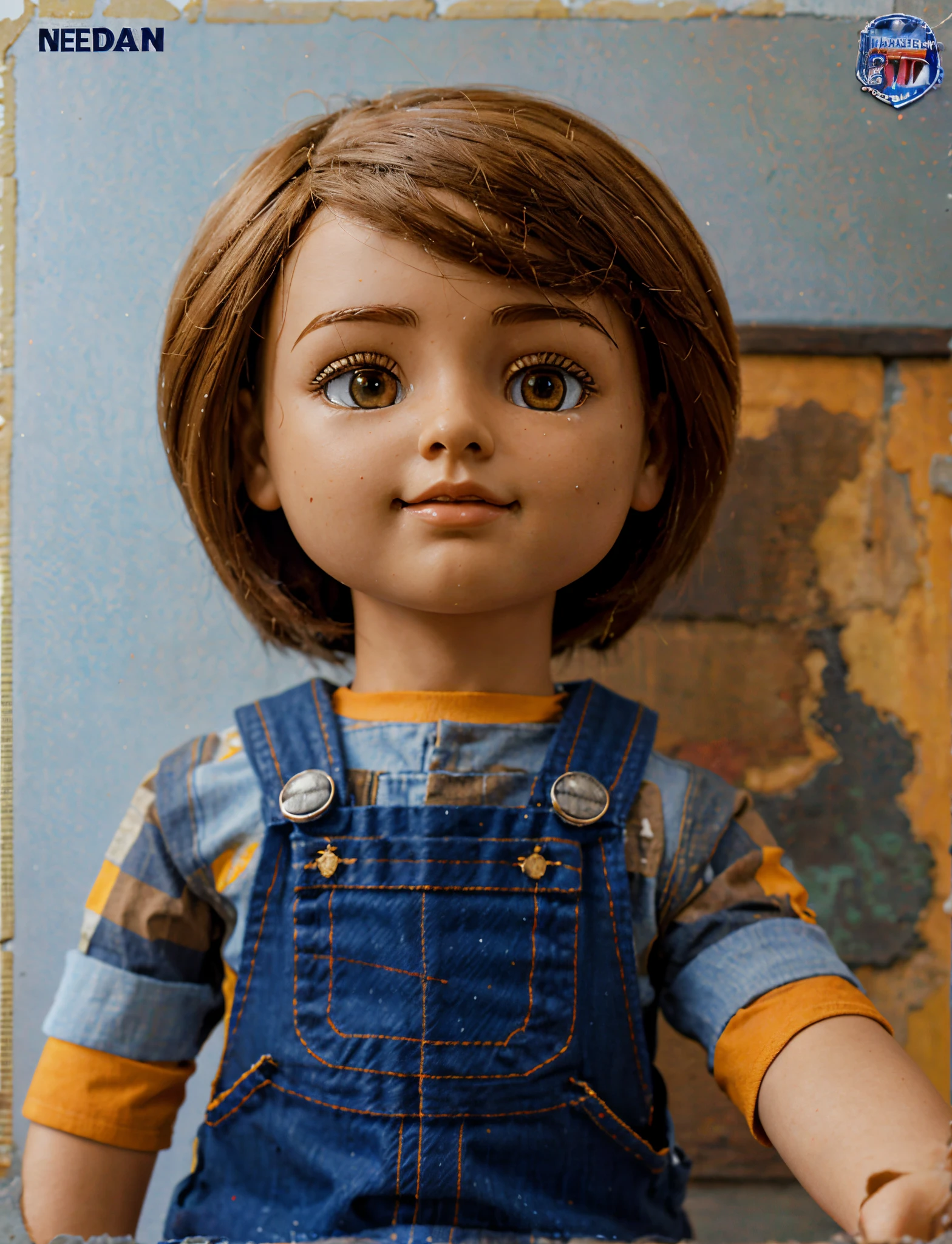 Crie uma obra de arte de uma boneca estilo Good Guys, com um rosto parecido com o do garoto da Mad Comics, with medium dark brown straight hair, um rosto inspirado em Alfred E. Neumanda, Revista Mad com camisa xadrez vermelha e branca de lenhador, sapatos marrons e laranja, and dark blue denim overalls", High resolution 3D model image, Realistic textures and lighting --AR 16:9 --v 5 -
