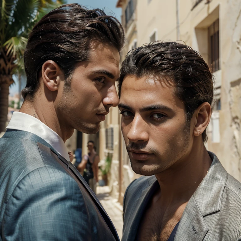 1 mediterranean men,Naples,sun,city,beautiful men,beautiful eyes,Valentino suite clothes, background people,photo profile intera,masterpiece,realistic,photo,4k