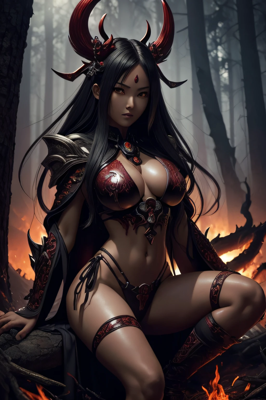 Japanese daemon woman (highly detailed face 1.6), (detailed legs 1.2), (detailed feet 1.2), (dark red skin 1.6), hourglass body, , ultra detailed, large breasts, dynamic hair, long straight hair, sitting atop a pile of skulls in a japanese forest, dark, gritty, evil, flames, beautiful image, dark robes with much detail, dark anime, highly detailed, maximalist,