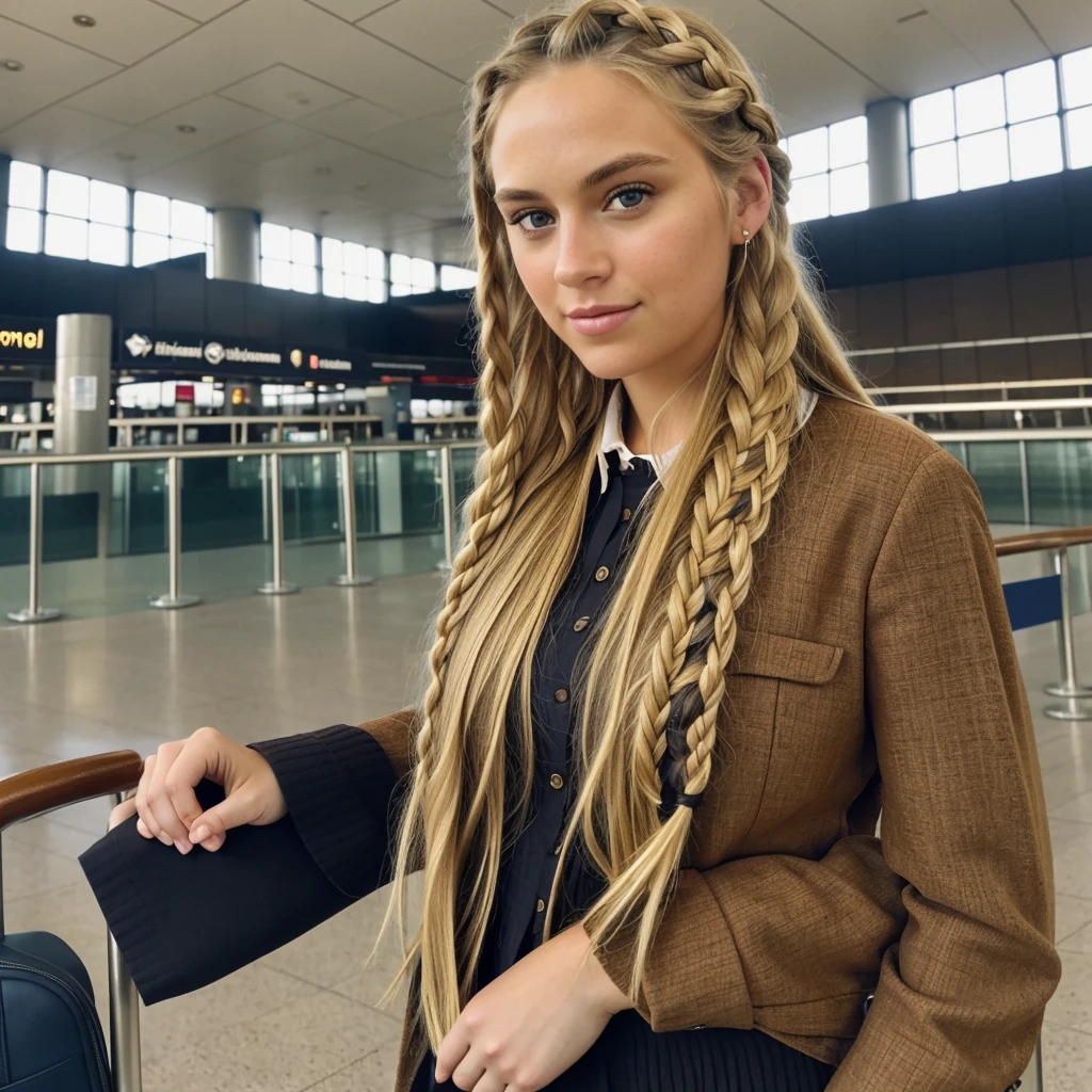 "Imagine a PORTRAIT of a friendly 27-year-old AmerICAN. She has short,neatly plaited and braided BLONDE hair, striking brown eyes. DRESSED PROFESSIONALLY" POSING in front of airport."