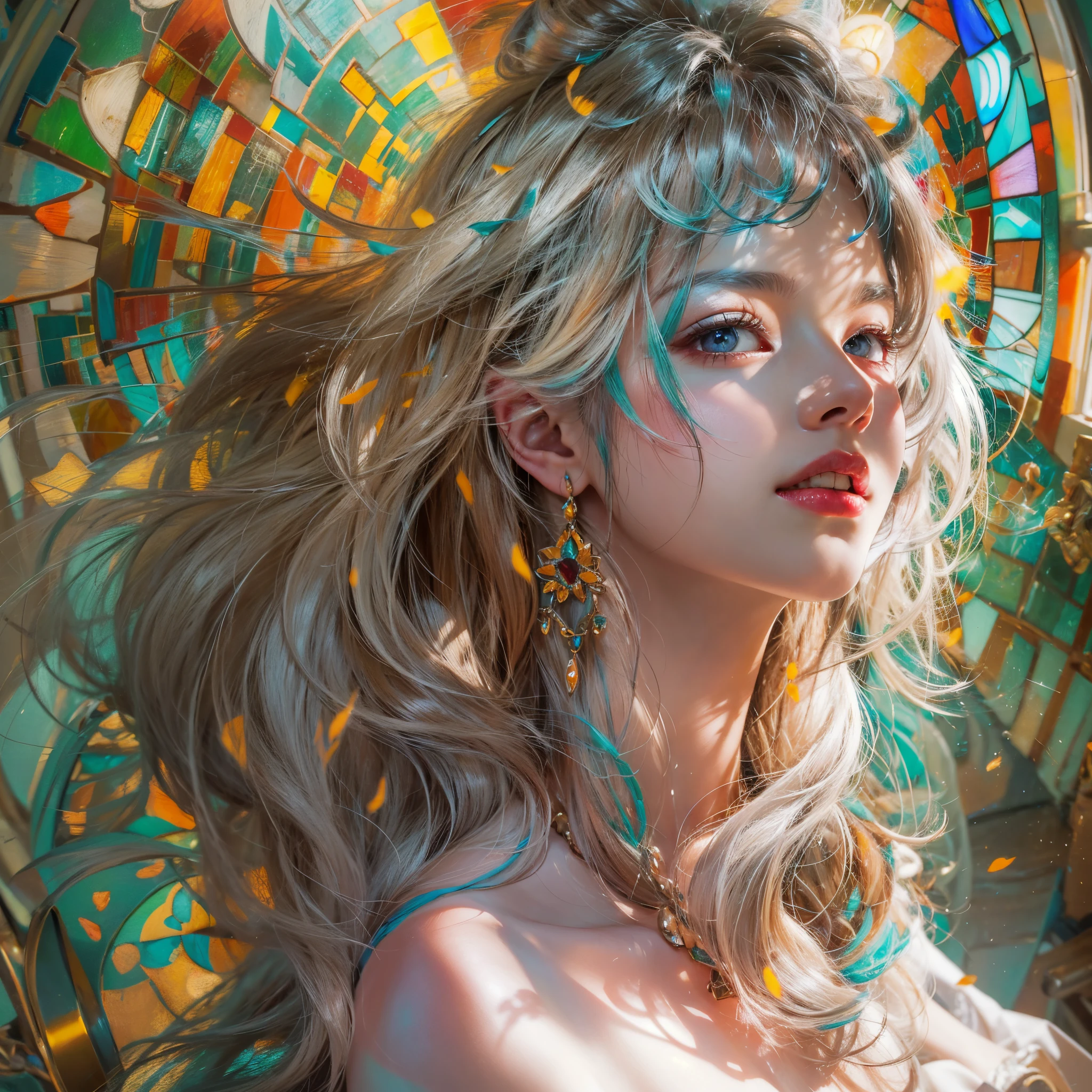 ( Masterpiece:1.25, exposed:1.2, White and vivid colors, navel),  (sexy junior idol), ((face variations)), portrayed in the best quality and high resolution. The image should be ultra-detailed, realistic, and photorealistic with a touch of rawness. back lighting, colorful Light shines through delicate stained glass. The medium can be a combination of photography and concept art. The color tone should be vibrant and vivid, enhancing the overall visual impact. (Whole Body proportions and all limbs are anatomically accurate), (nipple:-0.9) .