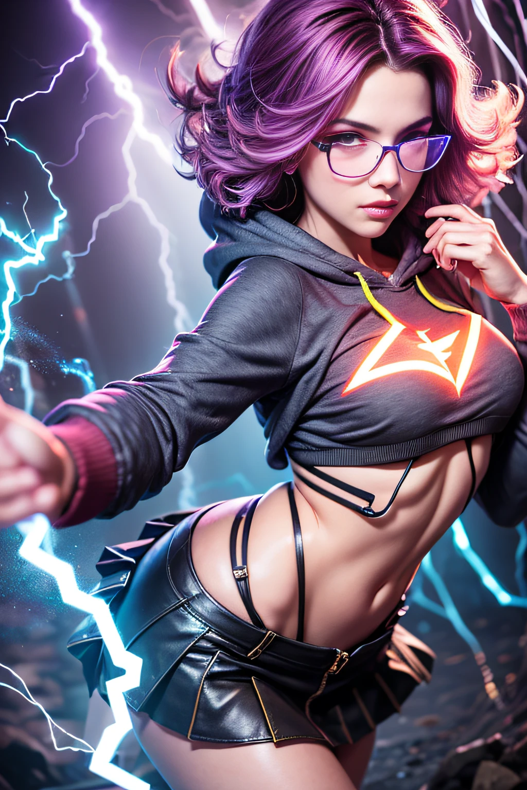 arafed woman in a short skirt and a hoodie posing for a picture, electric woman, she attracting lightnings, light effect. feminine, splashes of lightning behind her, electricity aura, expert light effects on figure, fashion neon light, glowing lens flare wraith girl, ultraviolet photography, amazing lighting effect, surreal lighting