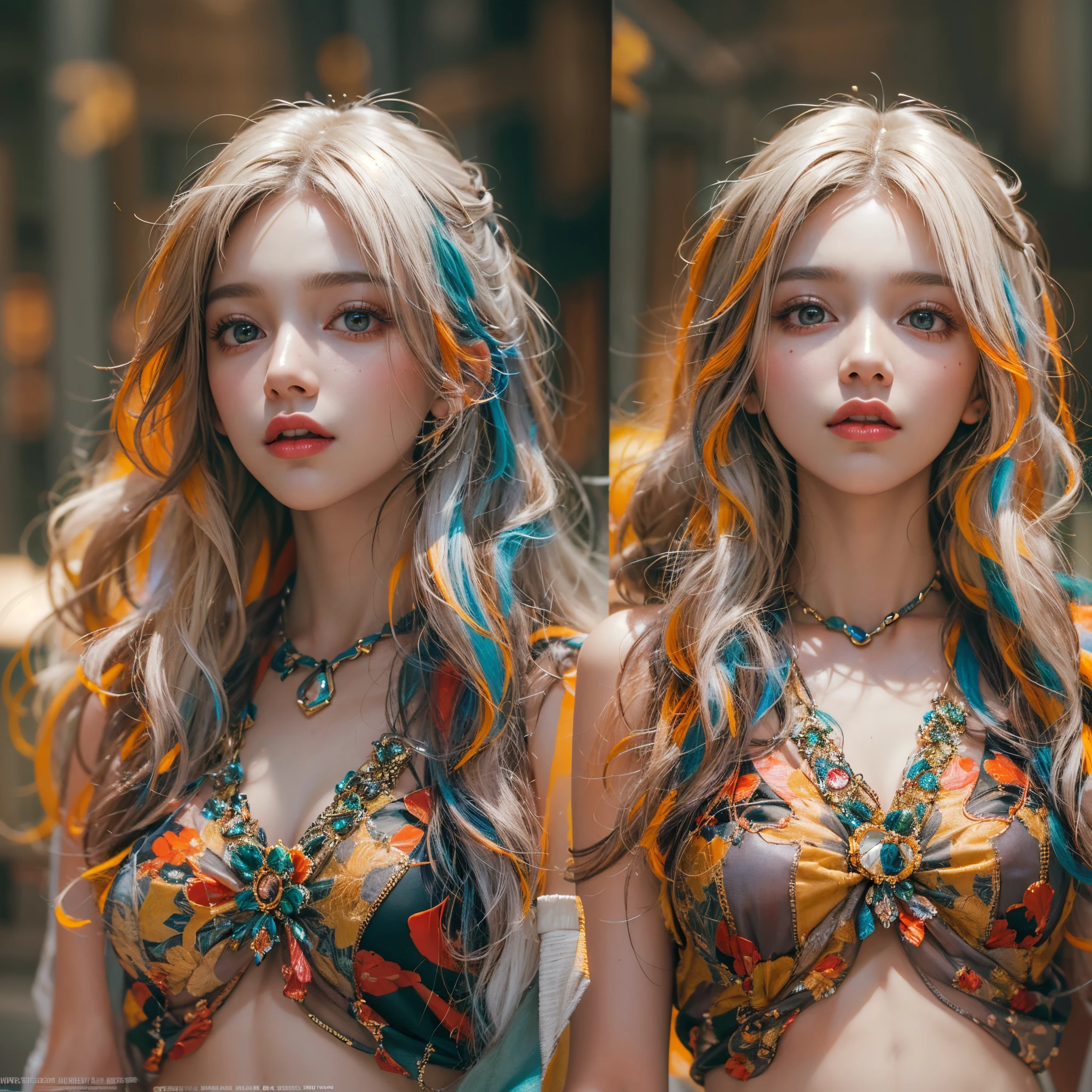 ( Masterpiece:1.25, exposed:1.2, White and vivid colors, navel), (sexy junior idol), ((face variations)), portrayed in the best quality and high resolution. The image should be ultra-detailed, realistic, and photorealistic with a touch of rawness. back lighting, colorful Light shines through delicate stained glass. The medium can be a combination of photography and concept art. The color tone should be vibrant and vivid, enhancing the overall visual impact. (Whole Body proportions and all limbs are anatomically accurate), (nipple:-0.9) .