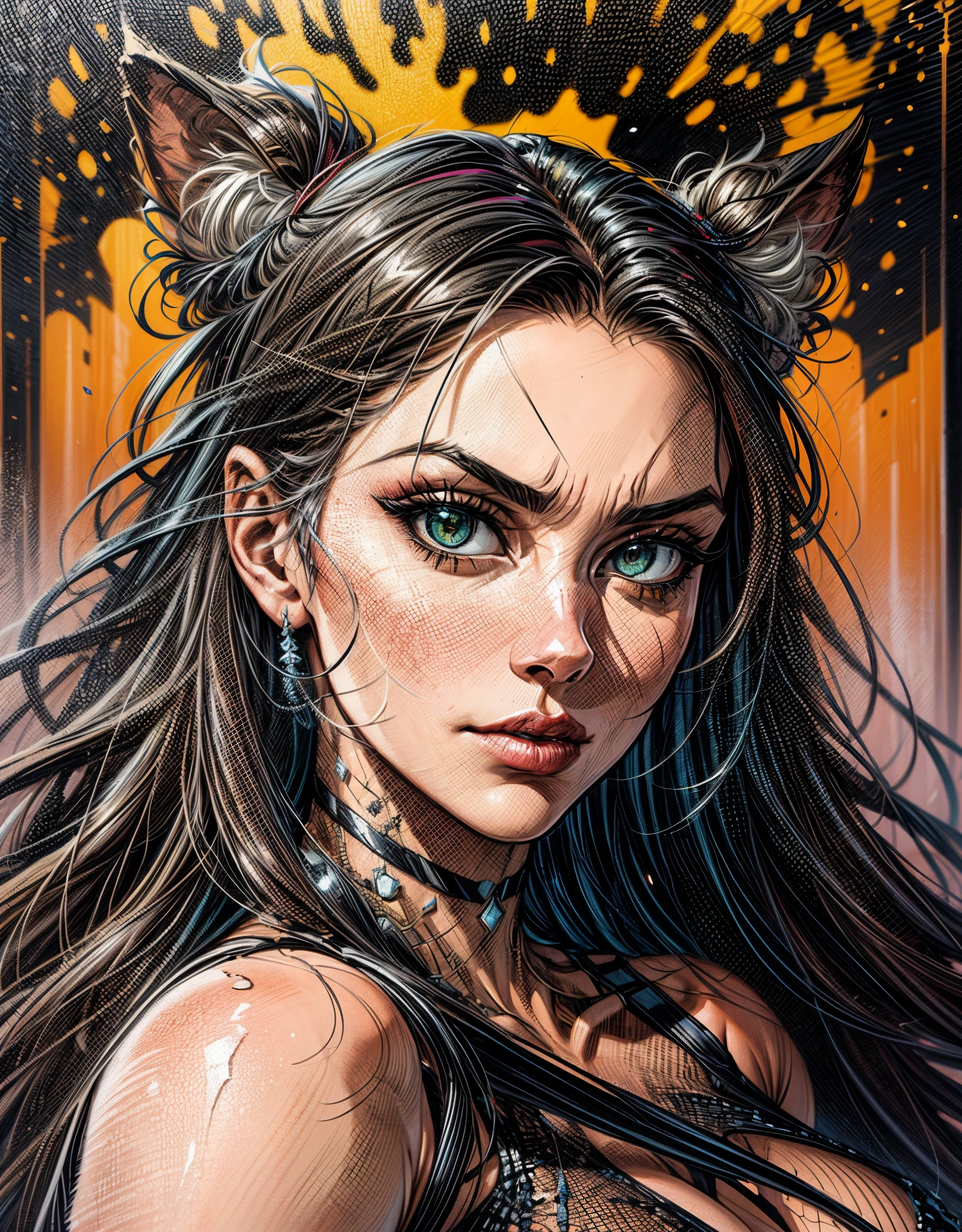 Capture the essence of a captivating female figure with black fur, radiating a sense of both beauty and terror. Set against the enchanting backdrop of the Alaska mountains beneath a full moon night, depict her amidst dry trees and undergrowth, with intricate details enhancing the scene's allure. Infuse the composition with the distinct art styles of notable artists like Greg Rutkowski, Daniel Castan, Carne Griffiths, Andreas Lie, Russ Mills, and Leonid Afremov. Against a black background, create a comic-book oil painting that harmonizes both the ferocity and elegance of nature, paying homage to the artistic influences mentioned. The goal to convey a visually compelling narrative that blends the mystique of the wild with the captivating allure of the female form.