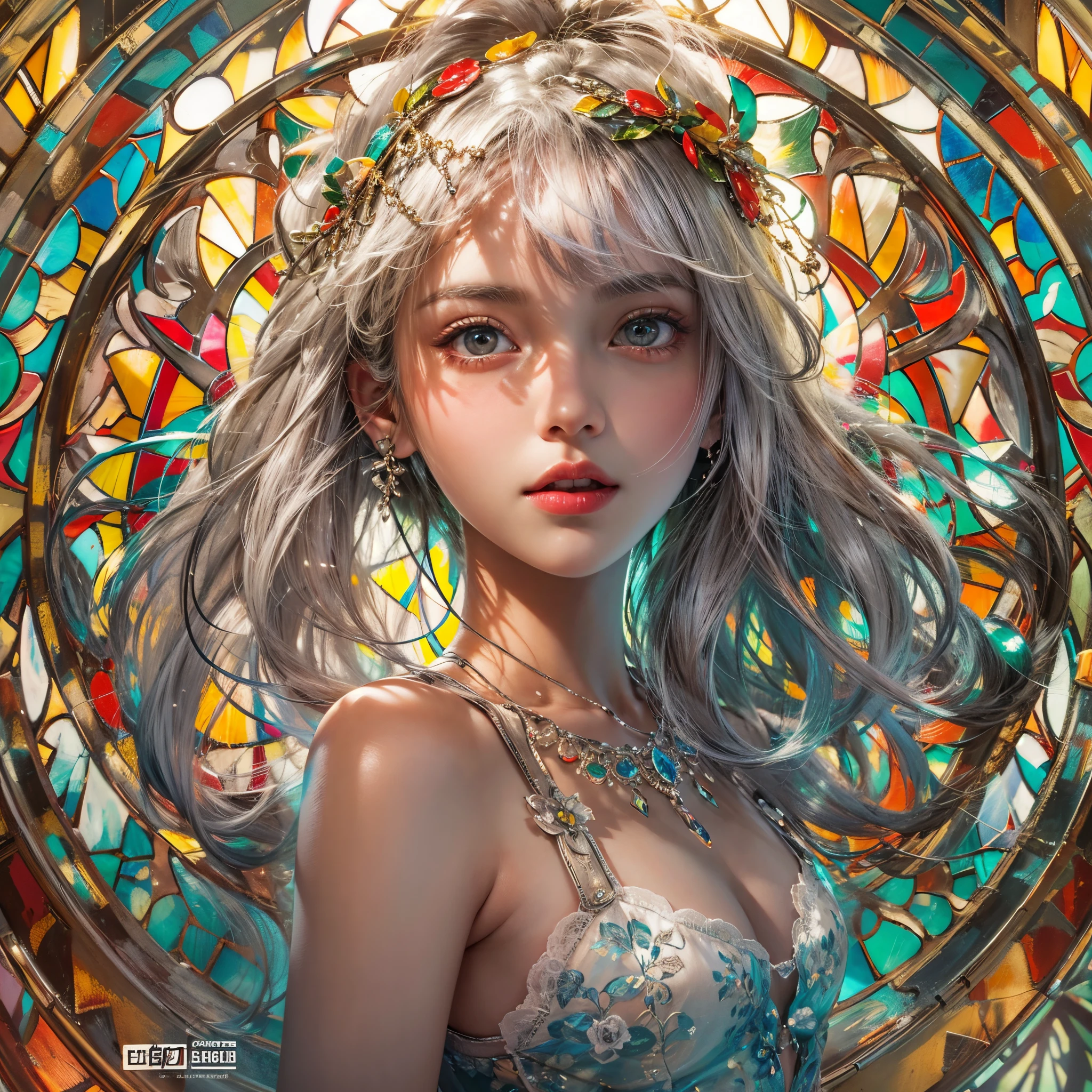 ( Masterpiece:1.25, exposed:1.2, White and vivid colors, navel), (sexy junior idol), ((face variations)), portrayed in the best quality and high resolution. The image should be ultra-detailed, realistic, and photorealistic with a touch of rawness. back lighting, colorful Light shines through delicate stained glass. The medium can be a combination of photography and concept art. The color tone should be vibrant and vivid, enhancing the overall visual impact. (Whole Body proportions and all limbs are anatomically accurate), (nipple:-0.9) .