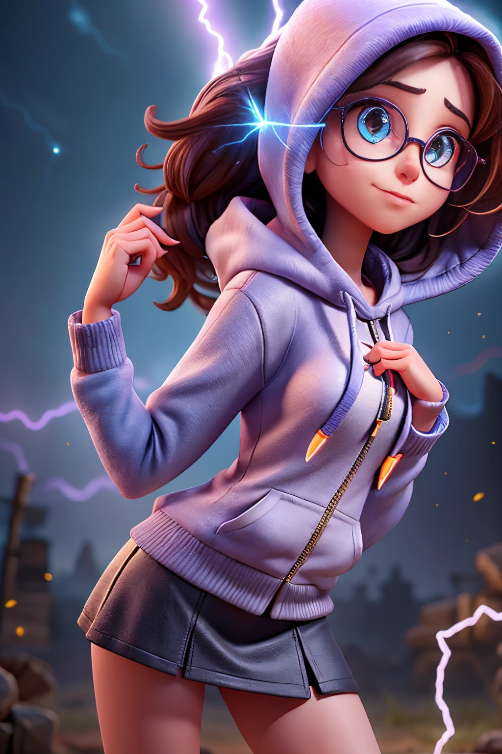 arafed woman in a short skirt and a hoodie posing for a picture, electric woman, she  attracting lightnings, light effect. feminine, splashes of lightning behind her, electricity aura, expert light effects on figure, fashion neon light, glowing lens flare wraith girl, ultraviolet photography, amazing lighting effect, surreal lighting