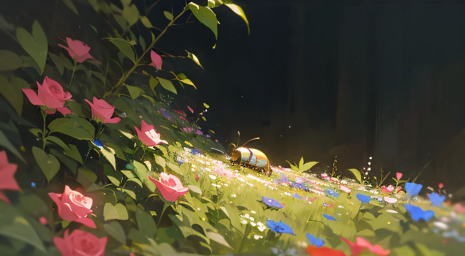 In the painting we see insect Beetle, wandering between colorful flowers. Little Rose, leading him to a safe corner, night