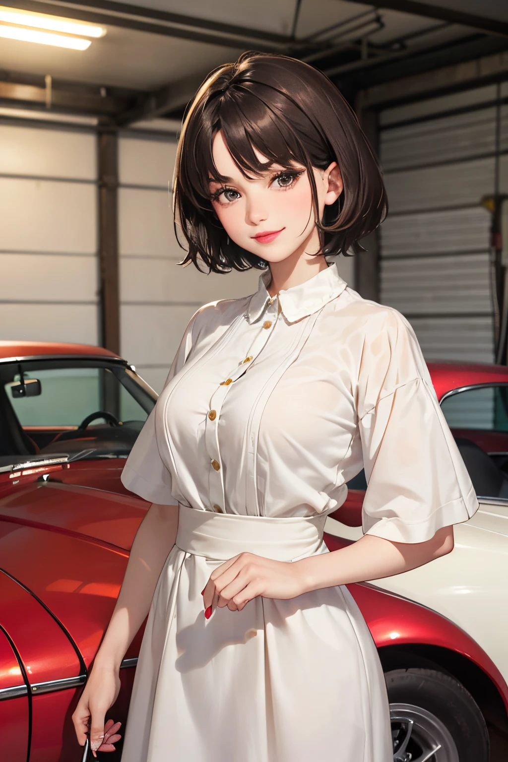 127
(a 20 yo woman, Standing), (A hyper-realistic), (high-level image quality), ((beautiful hairstyle 46)), ((short-hair:1.46)), (Gentle smile), (breasted:1.1), (lipsticks), (Large garage), (Depth of field is deep), (classic car)