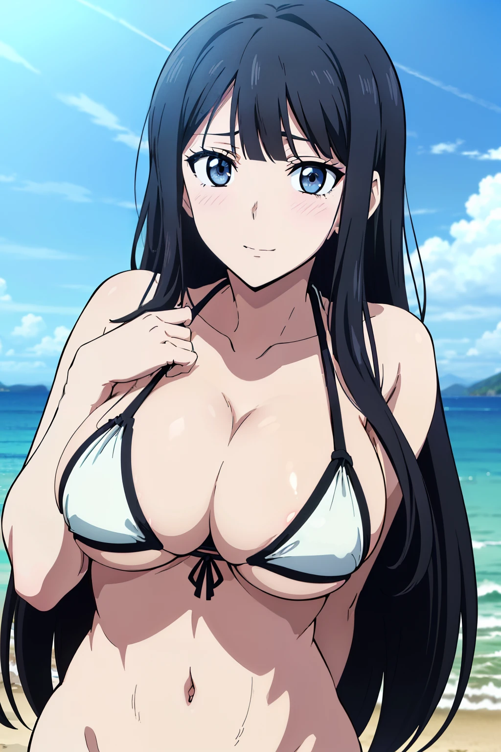 ((masutepiece, Best Quality, High resolution, anime screen cap, anime colours, in 8K, anime keyvisual)):1.5, miyuki, 1girl in, Cute, blush, (Long Black Hair:1.5), 14years, (Oversized large sagging breasts:1.5), cleavage, ((White Micro Bikini:1.5, Thin fabric)), Navel Ejection, (Breast squeeze:1.5), Arm downward, Upper body, beach side, ((Perfect Anatomy, beautifull detailed face, Beautiful detailed eyes, beautiful detailed hair, Beautiful detailed body)), thick outline, Beautiful outlines, black outlines