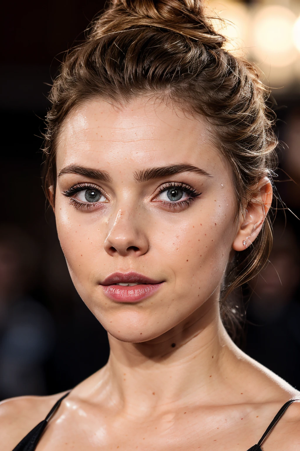 ((ultra-realistic full-frontal centered portrait)),dark green eyes, ((light brown thick bun hair)), eye shape almond, curled eyelashes, symmetrical lipshape, cheekbone centered on the malar bone, wheat skin ,arafed up close shot of a woman with red lipstick, young scarlett johansson, elizabeth olsen, both have red lips,Canon EOS R5, f/1.2, gradient colored background,
natural detail, clear, photo