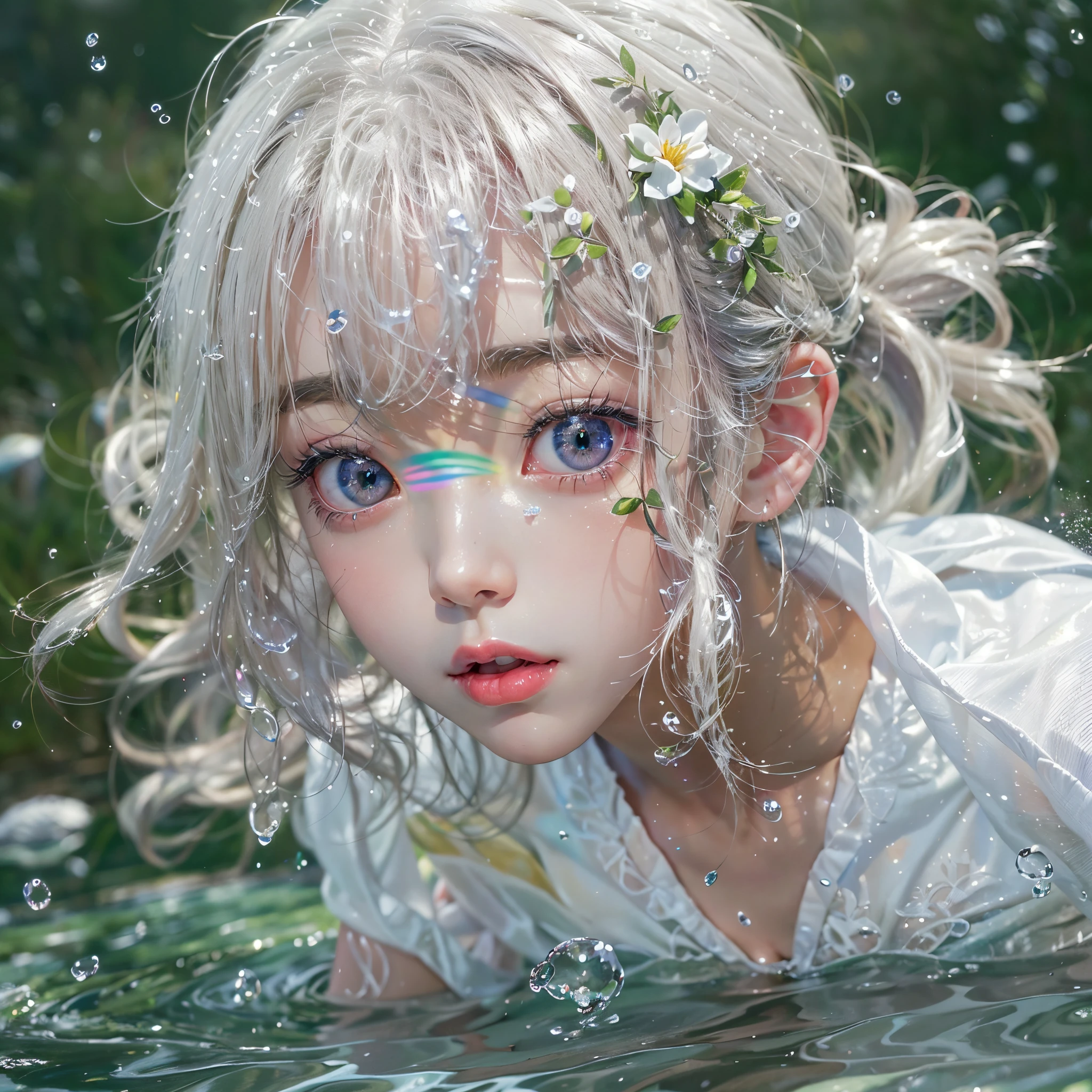 (8K, Original photography, Top image quality, masterpiece: 1.4), hyper HD, (Realistic, 真实感: 1.48), realisticlying, A high resolution, softlighting. Tiny Girls, girl jumping into the water、Falling、splash water、shout、Luminous water surface、White and Vivid colors, back lighting, glistening ivory skin, sparkling highlights, Detailed KAWAII face with cute lips, long eyelashes, Delicate clothes, Detailed open crotch, ((no extra limbs, corrected limbs)), Whole Body proportions and all limbs are anatomically accurate .