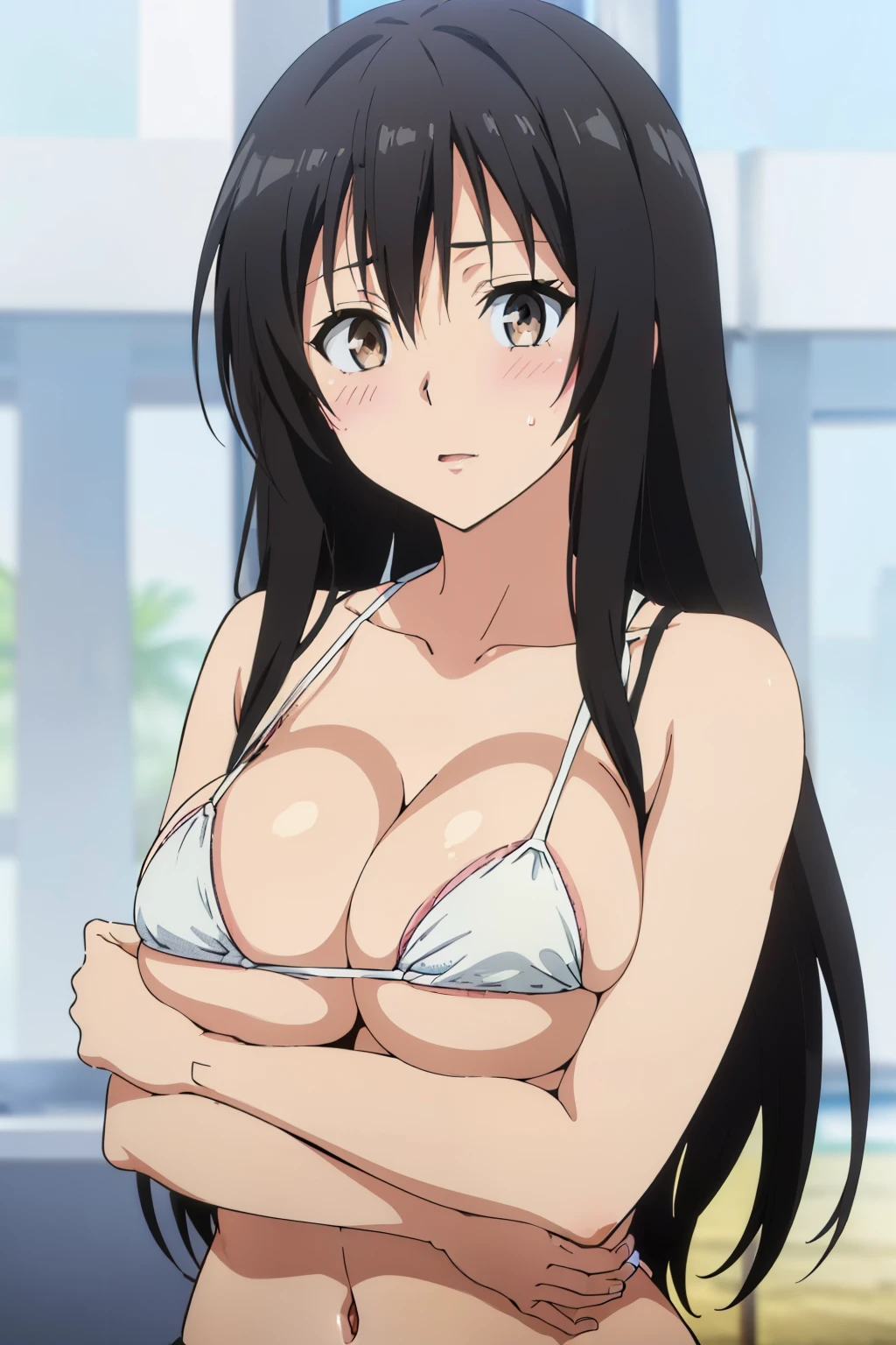 ((masutepiece, Best Quality, High resolution, anime screen cap, anime colours, in 8K, anime keyvisual)):1.5, Kotegawa Yui, 1girl in, Cute, blush, (Long Black Hair:1.5), 14years, (Oversized large sagging breasts:1.5), cleavage, ((White Micro Bikini:1.5, Thin fabric)), Navel Ejection, (Breast squeeze:1.5), Arms Down, Upper body, beach side, ((Perfect Anatomy, beautifull detailed face, Beautiful detailed eyes, beautiful detailed hair, Beautiful detailed body)), thick outline, Beautiful outlines, black outlines