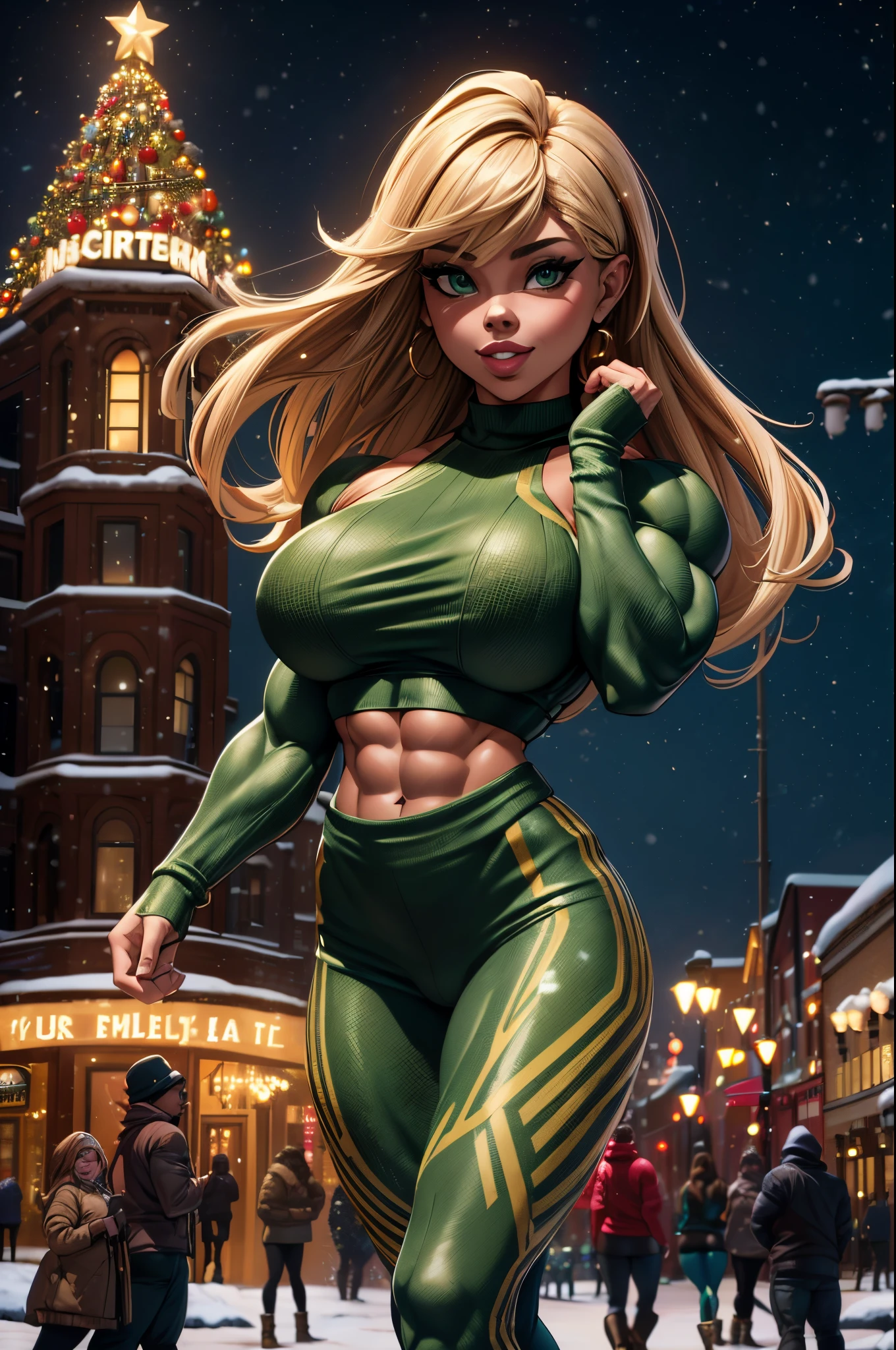 A sexy version of Jennette Mccurdy, full body, Hypermuscular, shes a massive bodybuilder, bulky, hypermuscular torso, hypermuscular arms, hypermuscular legs, bountiful breasts, detailed face, detailed green eyes, detailed lips, Beautiful smile, detailed nose, cute crop top sweater, leggings, boots, snowy, town center Christmas tree lighting, multicolored Christmas lights, (masterpiece, 8k, UHD, best quality:1.2, dynamic), ((((huge muscles)))), massive presence