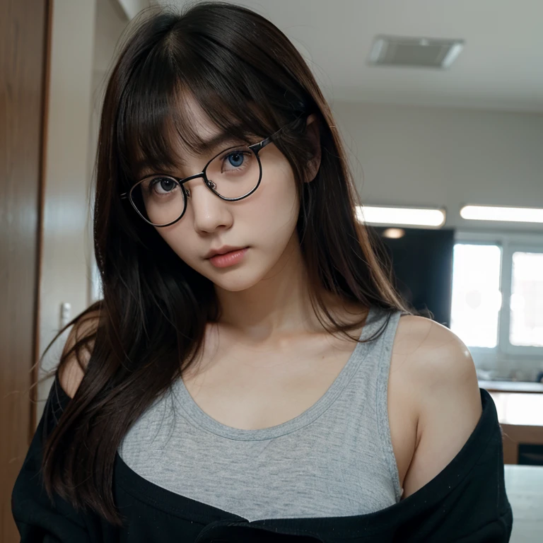 Korean girl with blue eyes, long Brown hair and bangs, with glasses and black clothes staring at the camera