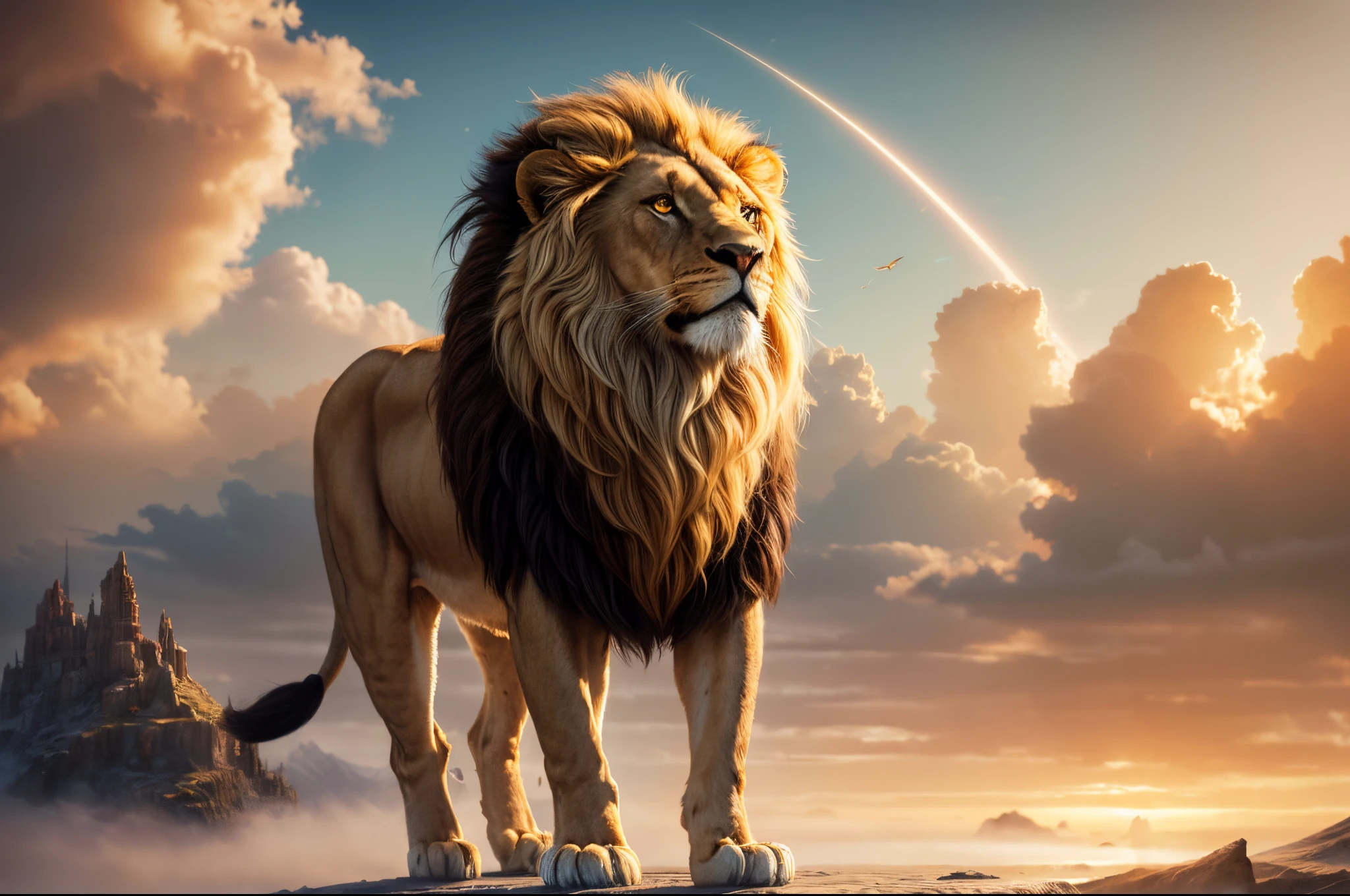 A futuristic lion standing proudly on a floating island amidst a sea of clouds. Its vibrant mane consists of iridescent feathers that change color with every movement, creating a mesmerizing display of hues. The lion's body is adorned with intricate geometric patterns, reminiscent of circuitry and futuristic symbols. The environment is a serene and ethereal sky realm, with soft golden sunlight casting a warm glow on the surroundings. The style is a digital painting, combining realism with elements of fantasy and surrealism, bringing the magical world of the futuristic lion to life.