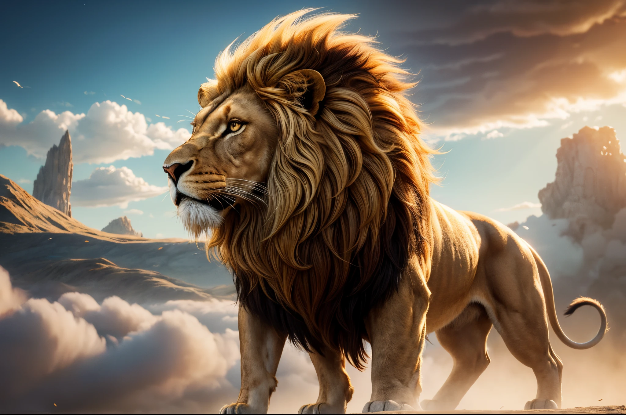 A futuristic lion standing proudly on a floating island amidst a sea of clouds. Its vibrant mane consists of iridescent feathers that change color with every movement, creating a mesmerizing display of hues. The lion's body is adorned with intricate geometric patterns, reminiscent of circuitry and futuristic symbols. The environment is a serene and ethereal sky realm, with soft golden sunlight casting a warm glow on the surroundings. The style is a digital painting, combining realism with elements of fantasy and surrealism, bringing the magical world of the futuristic lion to life.
