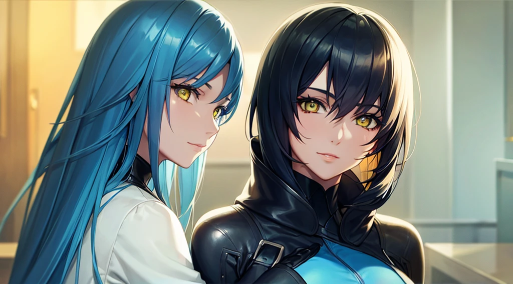 Beautiful women in long blue and black leather suits with yellow eyes hug each other