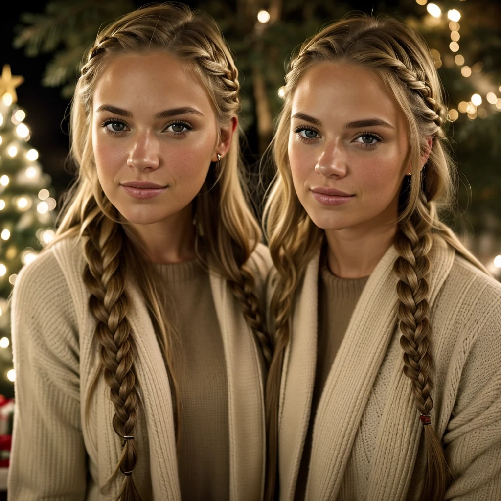 "Imagine a PORTRAIT of a friendly 27-year-old AmerICAN. She has short,neatly plaited and braided BLONDE hair, striking brown eyes. DRESSED for winter" POSING in front of christmas tree, outdoor snowing."
