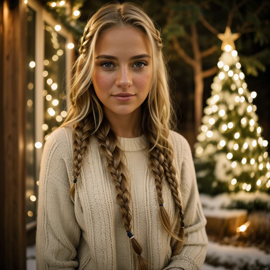 "Imagine a PORTRAIT of a friendly 27-year-old AmerICAN. She has short,neatly plaited and braided BLONDE hair, striking brown eyes. DRESSED for winter" POSING in front of christmas tree, outdoor snowing."
