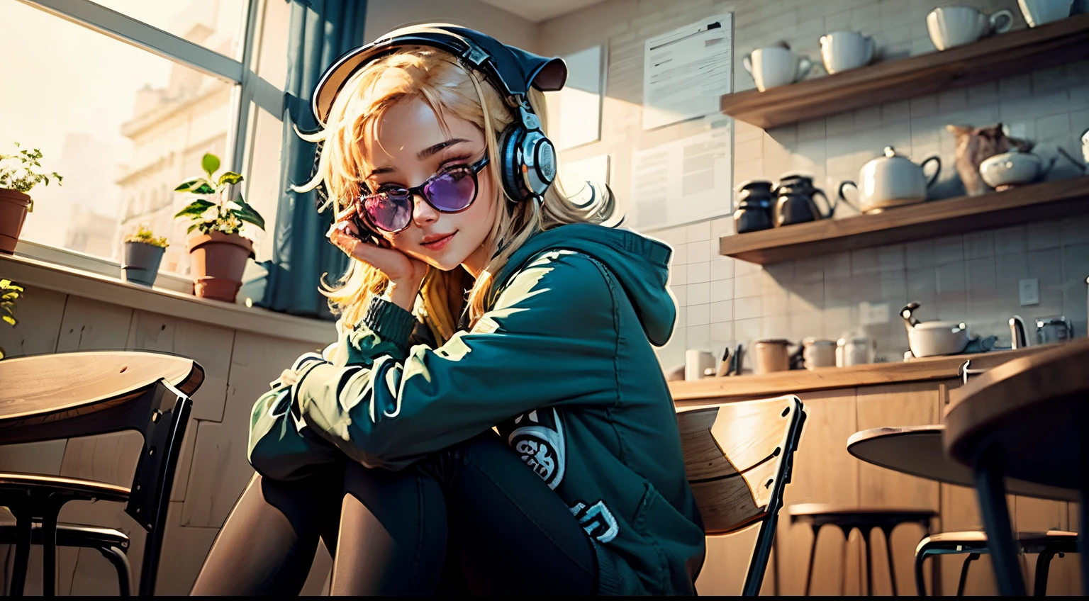 Create a scene featuring a cheerful young girl sitting in a café during the morning. She's wearing a pair of oversized headphones on her head and dressed in an oversized hoodie and leggings. Her style is inspired by anime characters, emphasizing happy expressions and distinctive details characteristic of this drawing style.