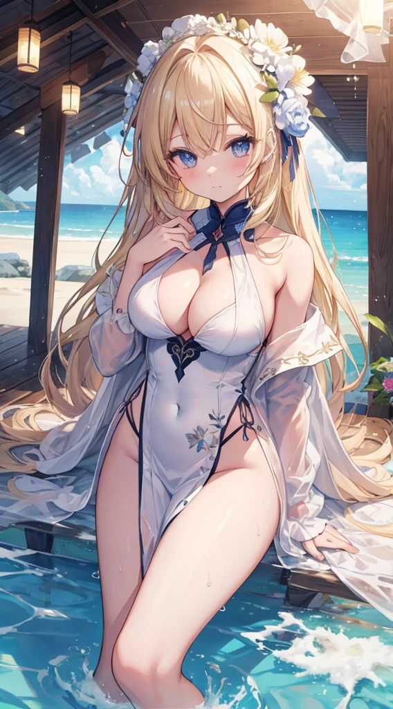 tmasterpiece、Massive landscape（（starrysky、Meteor swarm、Vast sandy beach、mysterious sea））、Around 20 years old、A blonde、A beautyful girl、Colossal tits、Gini、frilld、delicate embroidery、More parts、Tien your hair together，needle flower、colours々 lewd poses、Wet hair、body soaking wet、perspired、lie、Looking at the ceiling