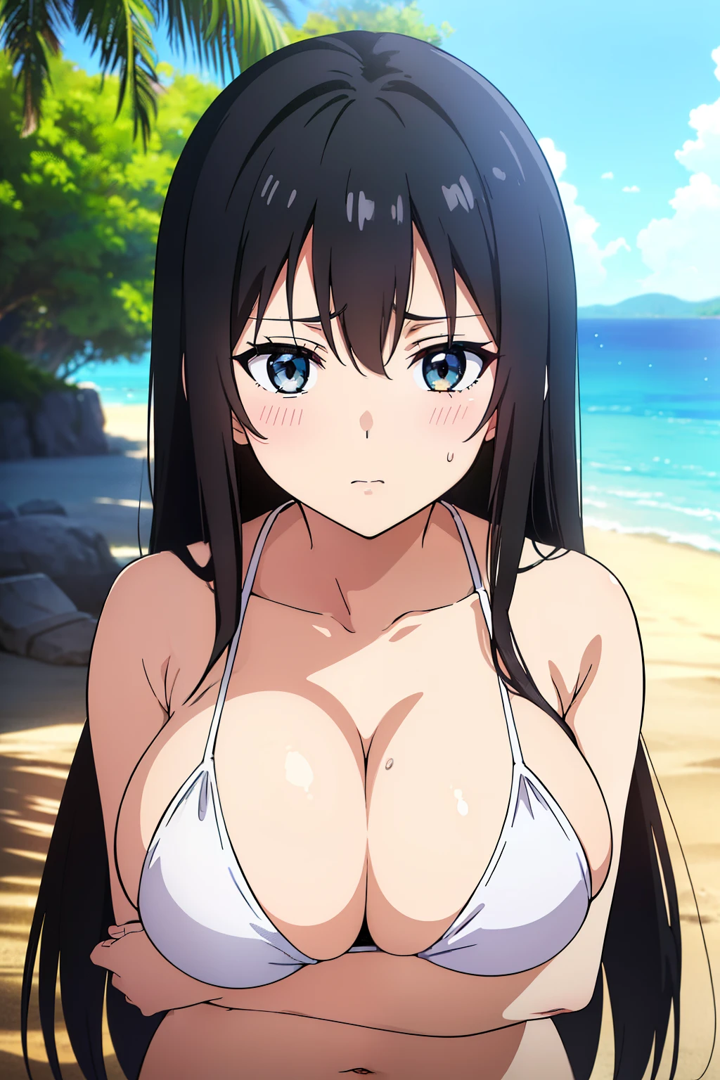 ((masutepiece, Best Quality, High resolution, anime screen cap, anime colours, in 8K, anime keyvisual)):1.5, Kotegawa Yui, 1girl in, Cute, blush, (Long Black Hair:1.5), 14years, (Oversized large sagging breasts:1.5), cleavage, ((White Micro Bikini:1.5, Thin fabric)), Navel Ejection, (Breast squeeze:1.5), Arms Down, Upper body, beach side, ((Perfect Anatomy, beautifull detailed face, Beautiful detailed eyes, beautiful detailed hair, Beautiful detailed body)), thick outline, Beautiful outlines, black outlines