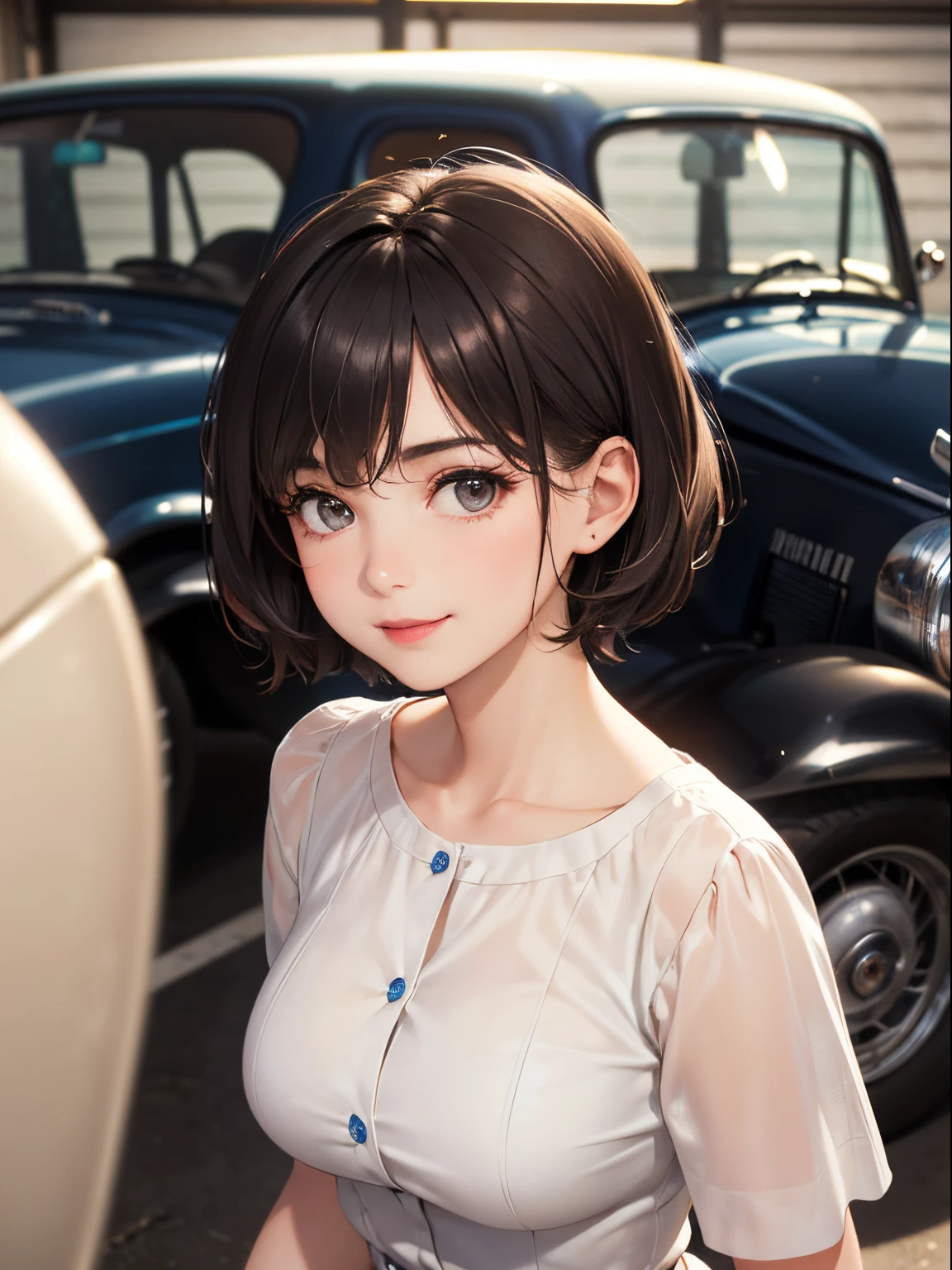 127
(a 20 yo woman, Standing), (A hyper-realistic), (high-level image quality), ((beautiful hairstyle 46)), ((short-hair:1.46)), (Gentle smile), (breasted:1.1), (lipsticks), (Large garage), (Depth of field is deep), (classic car)