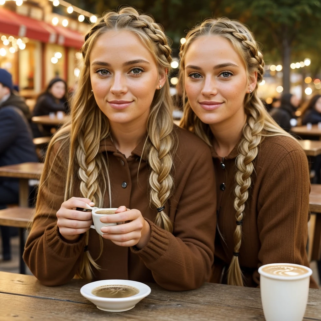 "Imagine a PORTRAIT of a friendly 27-year-old AmerICAN. She has short,neatly plaited and braided BLONDE hair, striking brown eyes. DRESSED for winter.outdoor restaurant drinking coffee"