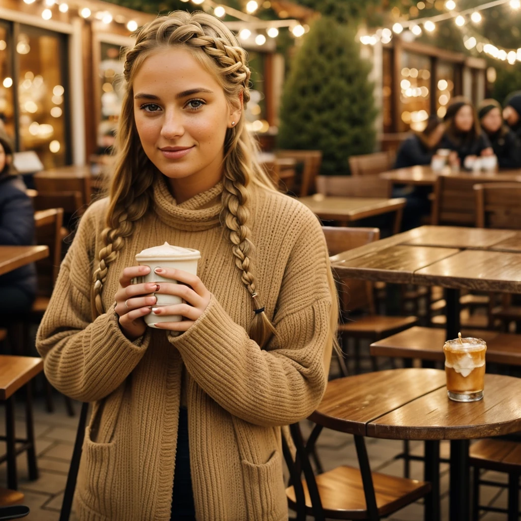 "Imagine a PORTRAIT of a friendly 27-year-old AmerICAN. She has short,neatly plaited and braided BLONDE hair, striking brown eyes. DRESSED for winter.outdoor restaurant drinking coffee"