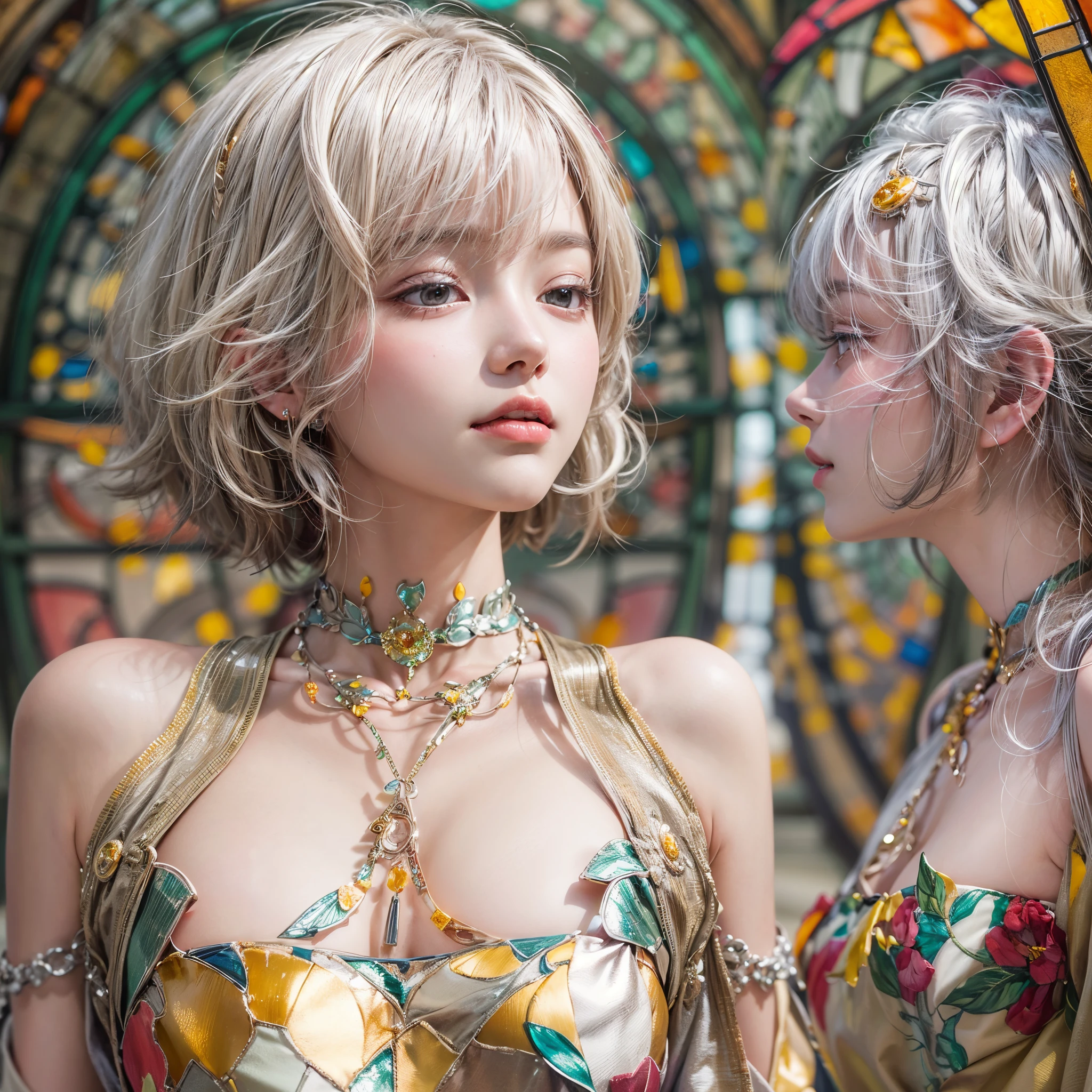 ( Masterpiece, White and vivid colors, (Exposed:1.2), (nipple:-0.9)), (((Renbutsu Misako|Misako Renbustu))), ((face variations)), { Navel | pretty Ass }, portrayed in the best quality and high resolution. The image should be ultra-detailed, realistic, and photorealistic with a touch of rawness. concept art. The color tone should be vibrant and vivid, enhancing the overall visual impact. (Whole Body proportions and all limbs are anatomically accurate), (Vivid Colorful light shines through the delicate stained glass). delicate limbs, Detail of sparkling oiled ivory skin, (short Bob, delicate wear), Whole Body proportions and all limbs are anatomically accurate .