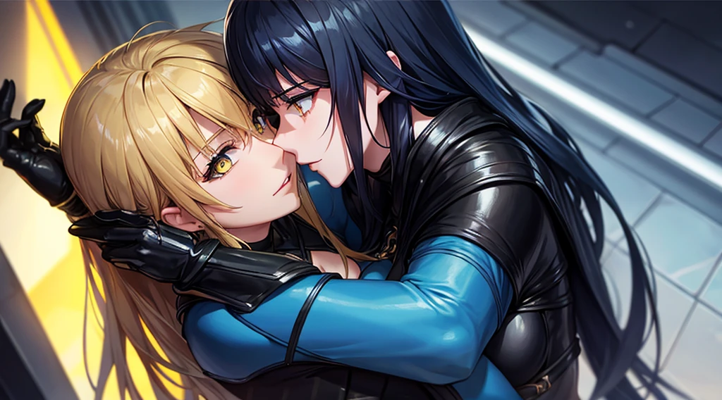 Beautiful women in long blue and black leather suits with yellow eyes hug each other