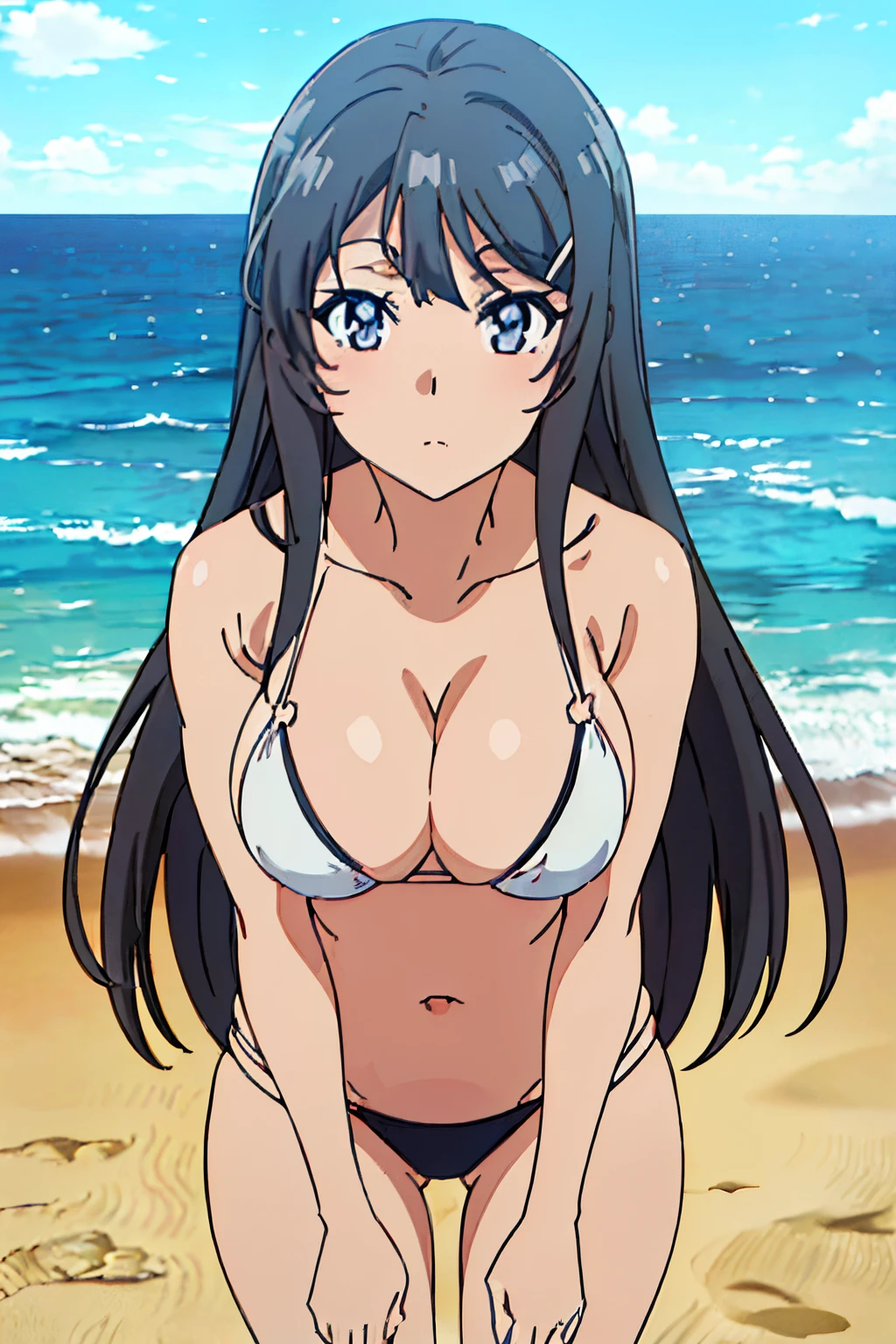 ((masutepiece, Best Quality, High resolution, anime screen cap, anime colours, in 8K, anime keyvisual)):1.5, mai, 1girl in, Cute, blush, (Long Black Hair:1.5), 14years, (Oversized large sagging breasts:1.5), cleavage, ((White Micro Bikini:1.5, Thin fabric)), Navel Ejection, (Leaning forward:1.5), Arms Down, Upper body, beach side, ((Perfect Anatomy, beautifull detailed face, Beautiful detailed eyes, beautiful detailed hair, Beautiful detailed body)), thick outline, Beautiful outlines, black outlines