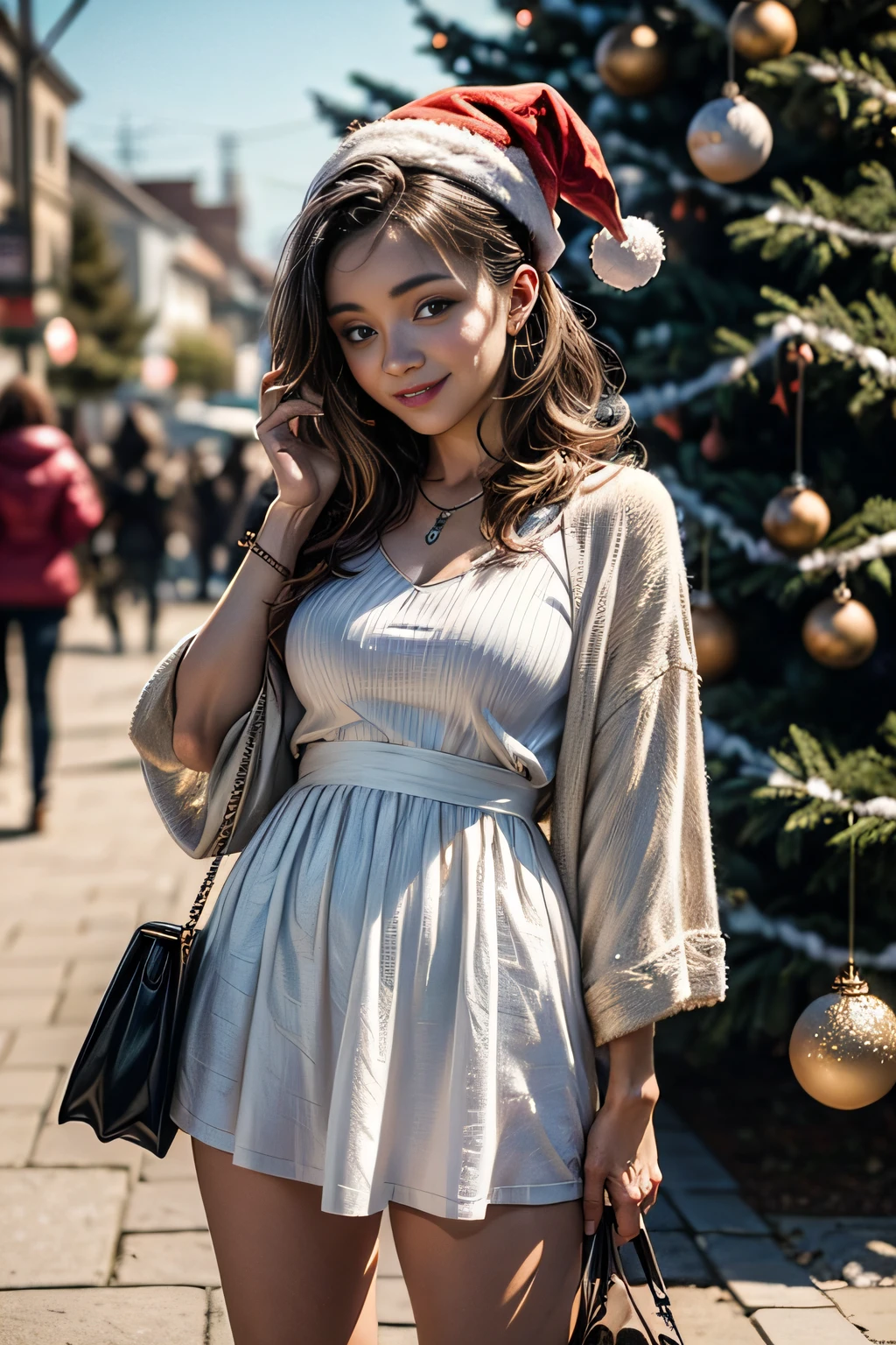 there a woman that looking at a cell phone, holiday vibe, christmas, 🤬 🤮 💕 🎀, live, with a tree in the background, yummy, gif, brandon woelfel, full pov, bokeh in the background only, gorgeous stella maeve magician, holiday season, anna nikonova aka newmilky, radiant smile. ultra wide shot