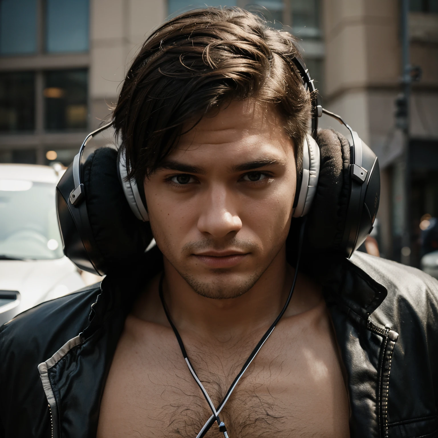A guy goes crazy in style wearing headphones