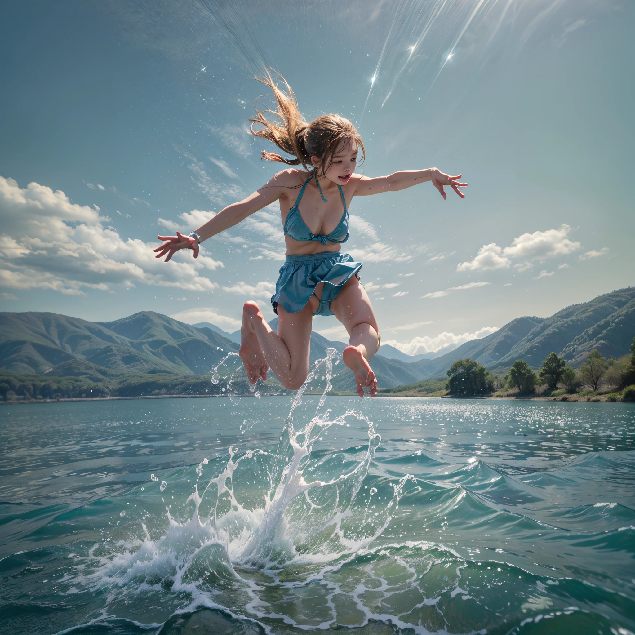 (8K, Original photography, Top image quality, masterpiece: 1.2), hyper HD, (Realistic, Photorealistic:1.37, RAW), realisticlying, A high resolution, softlighting. Tiny Girls, girl jumping into the water、Falling、jump into the water, diving to water surface